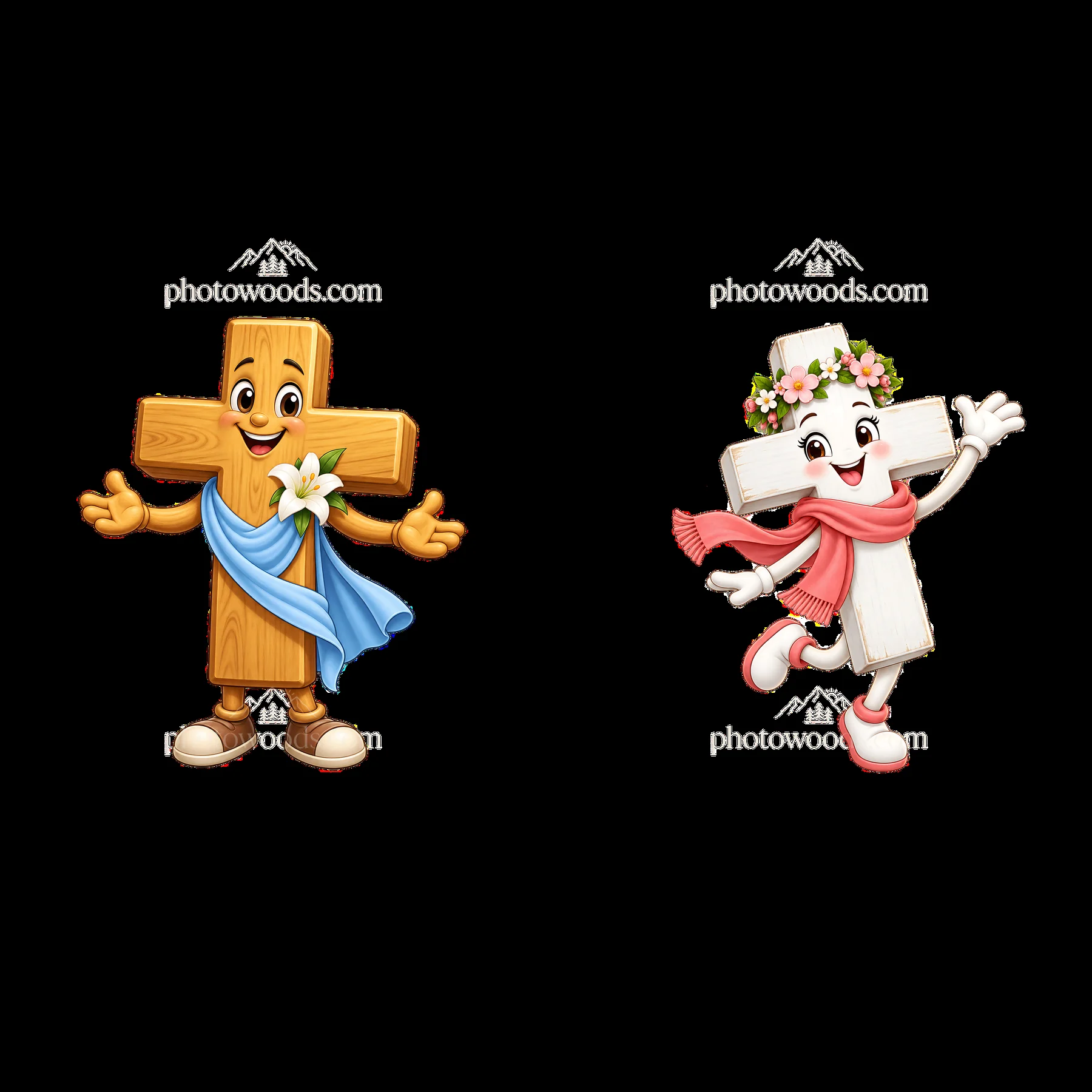 Easter cross characters with joyful expressions and decorations - AI-generated stock image