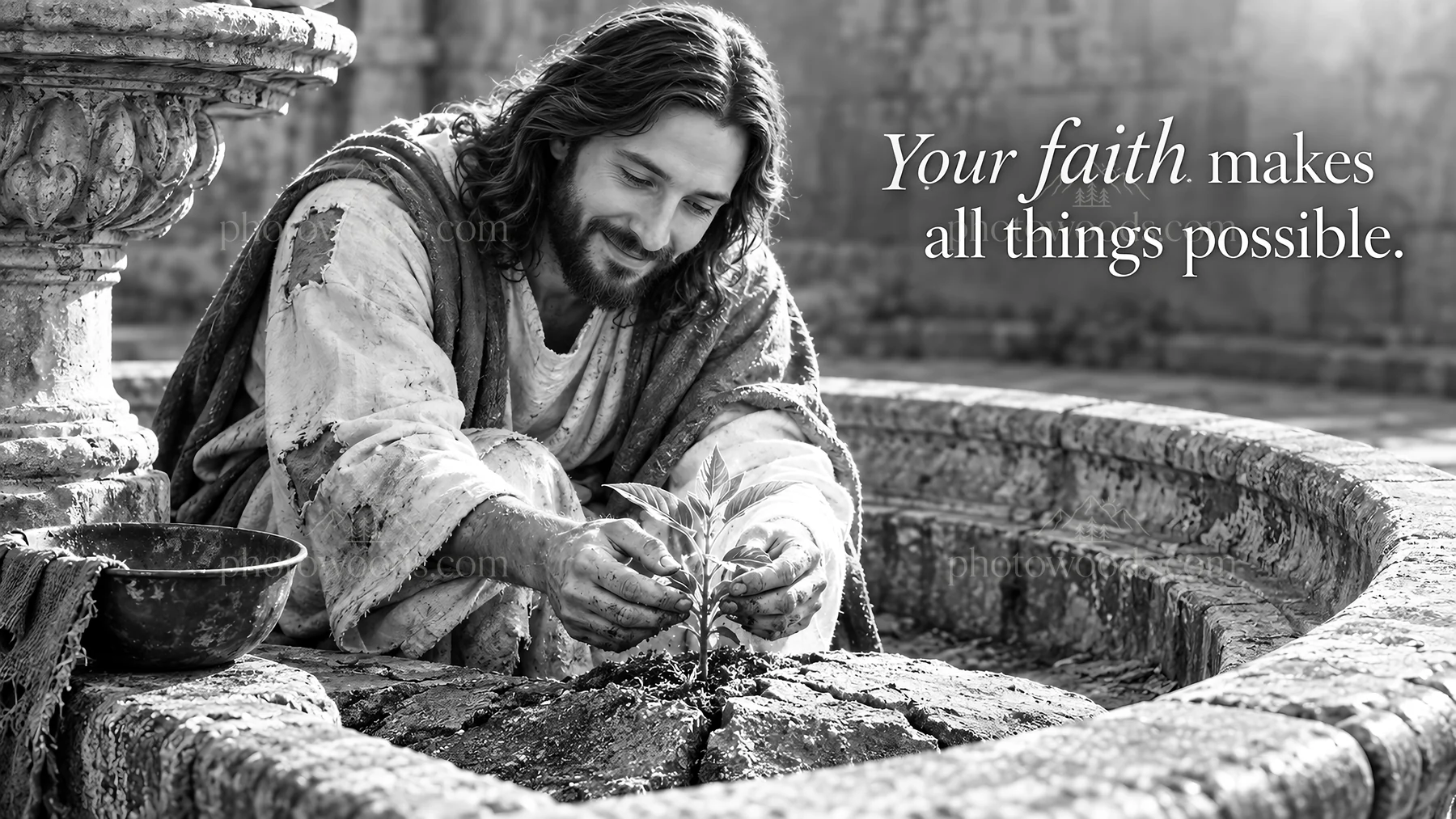 Jesus Christ planting a seed - AI-generated stock image