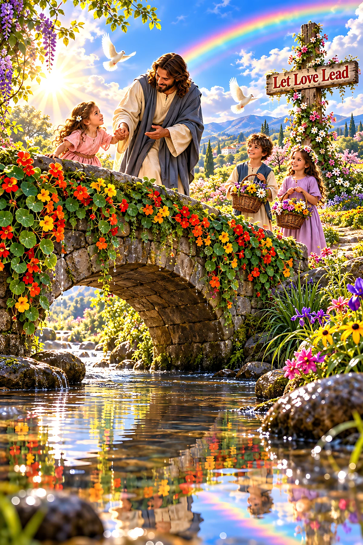 Courage on the flower bridge - AI-generated stock image