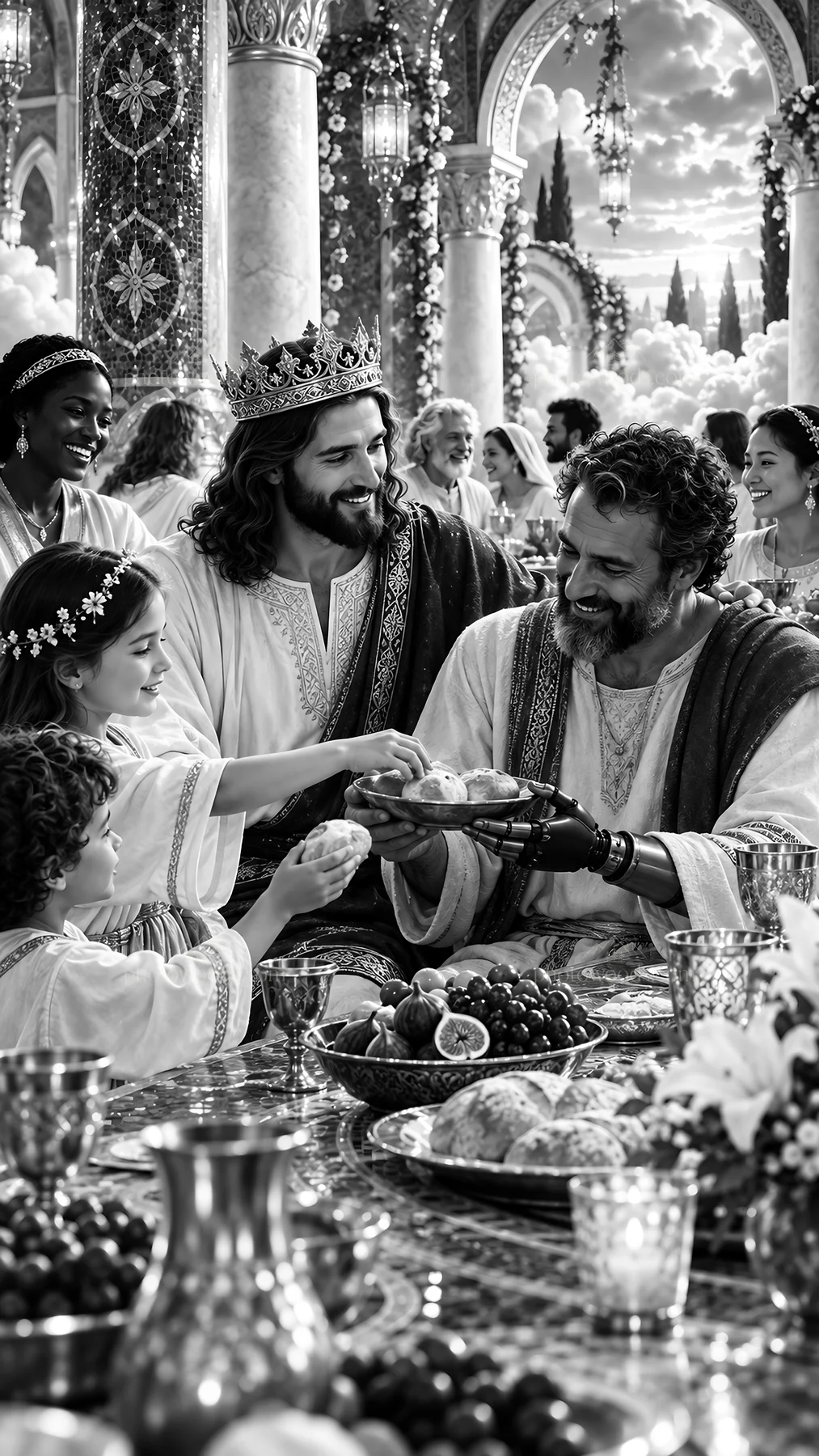 Jesus Christ sharing a meal with disciples and followers - AI-generated stock image