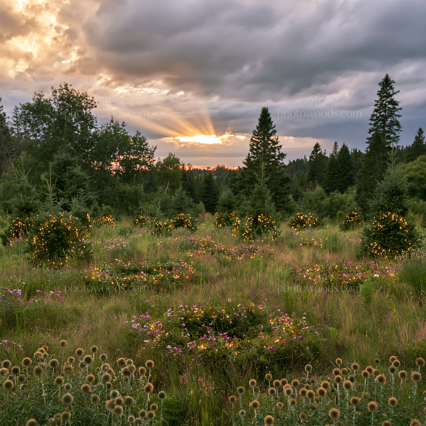 Christmas wreaths in meadow under dramatic clouds and rays - AI-generated stock image