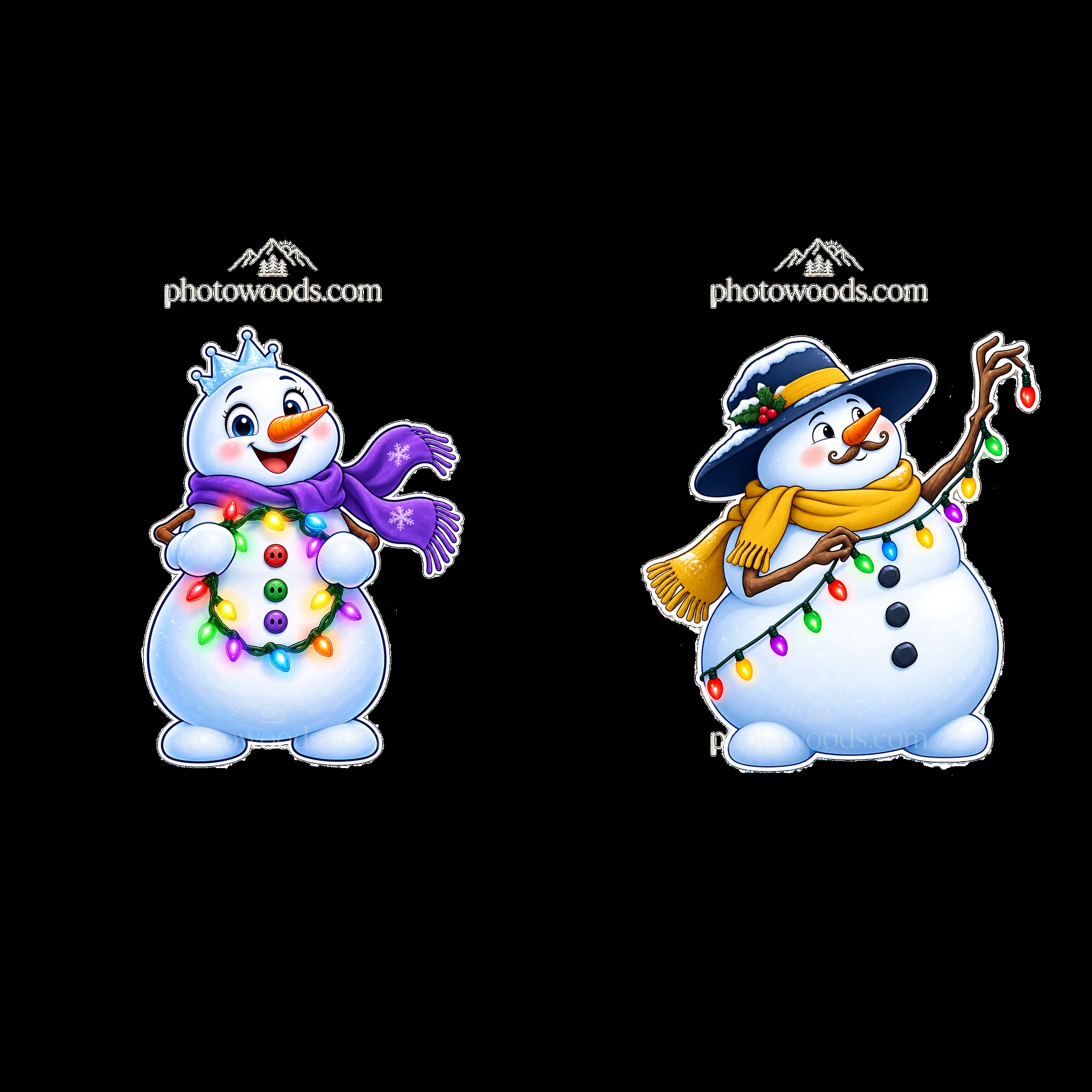 Snowmen wearing string lights and holiday accessories - AI-generated stock image