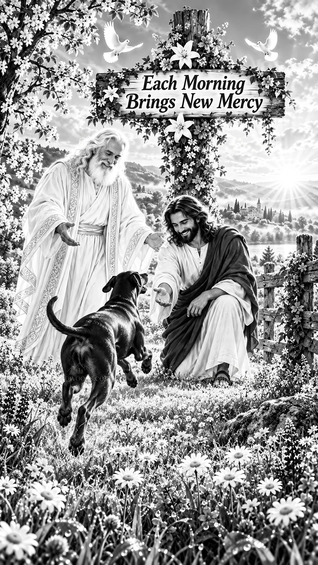 Jesus Christ welcomes a dog in a peaceful garden setting - AI-generated stock image