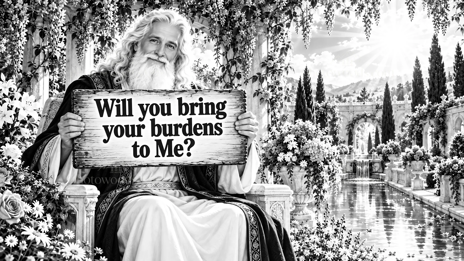Jesus Christ inviting burdens to Him in a serene garden setting - AI-generated stock image