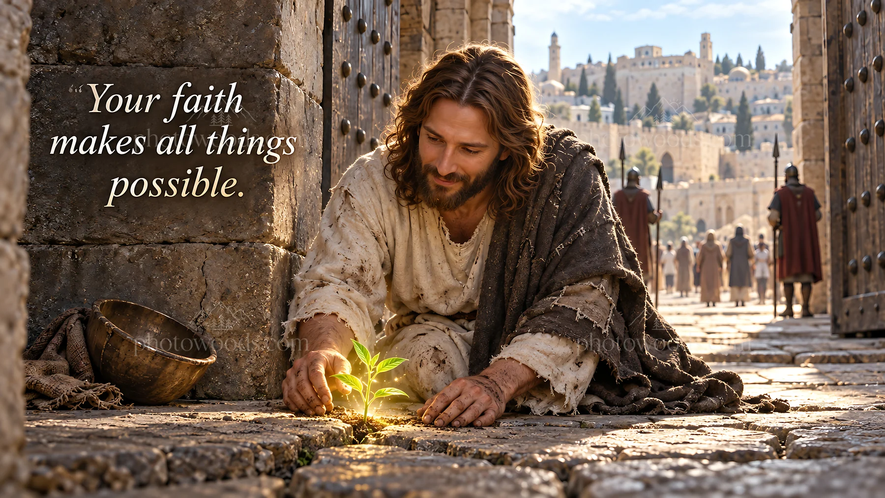 Jesus Christ planting a seed in Jerusalem - AI-generated stock image