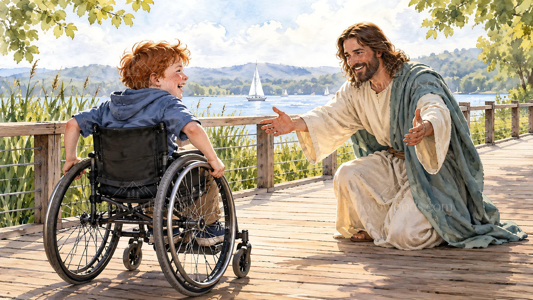 Jesus Christ welcoming a boy in a wheelchair - AI-generated stock image