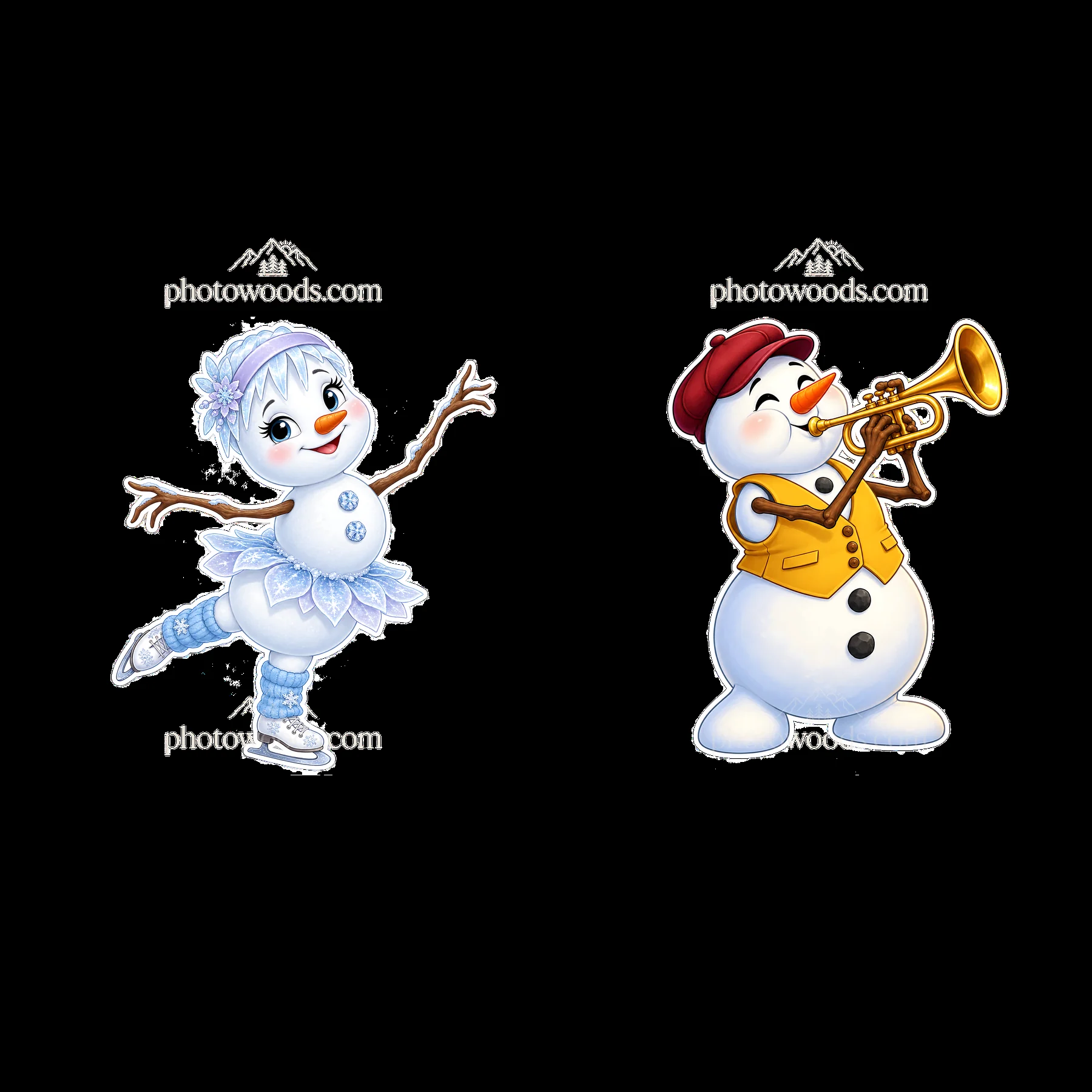 Snowman figures with a trumpet and an ice skating pose - AI-generated stock image