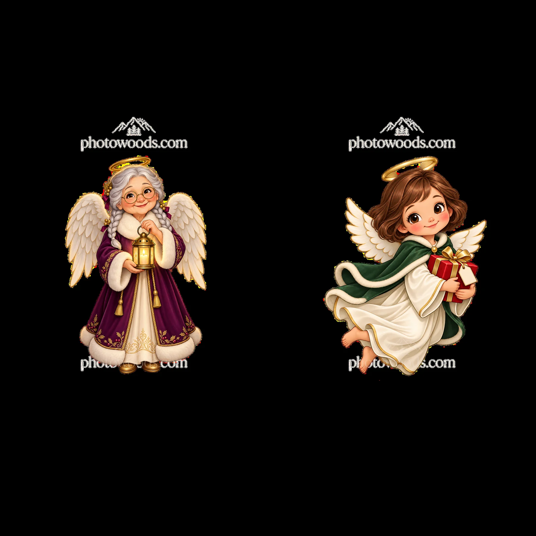 Christmas angel sticker set with elderly and young angels - AI-generated stock image