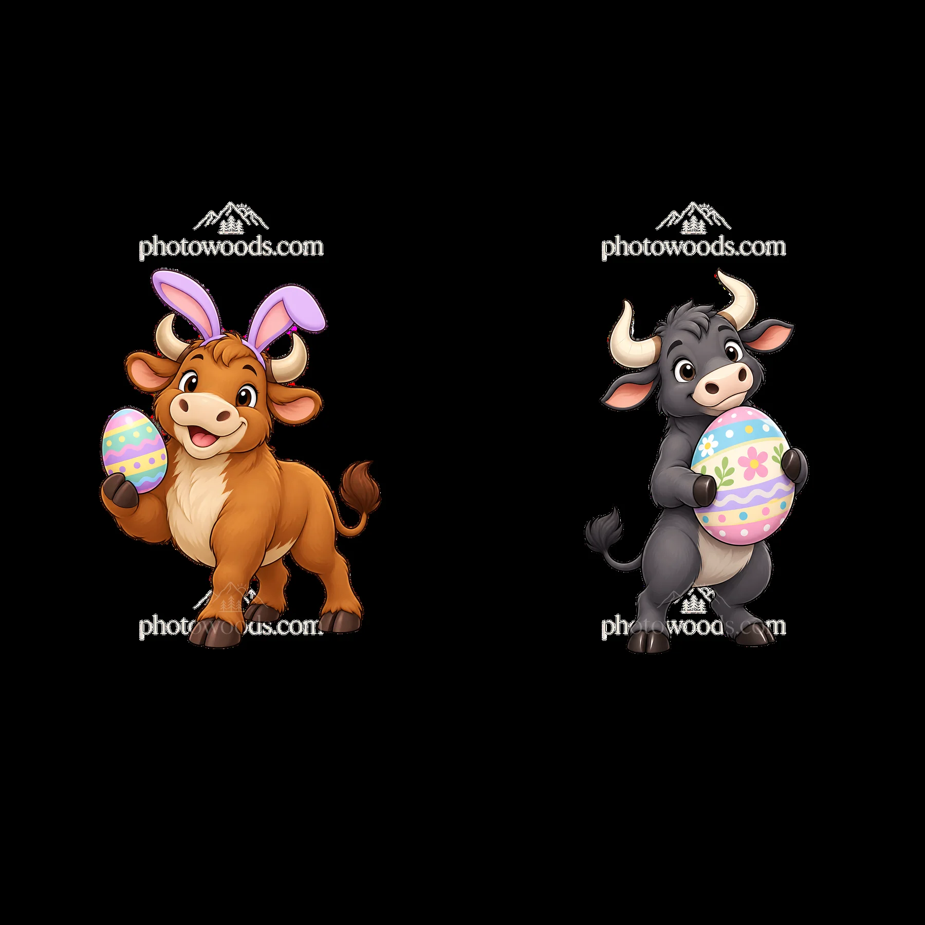 Easter ox cartoon characters holding decorated eggs - AI-generated stock image