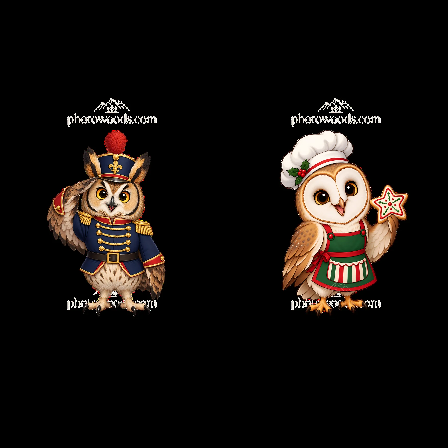 Christmas owls in military uniform and chef outfit holding star - AI-generated stock image