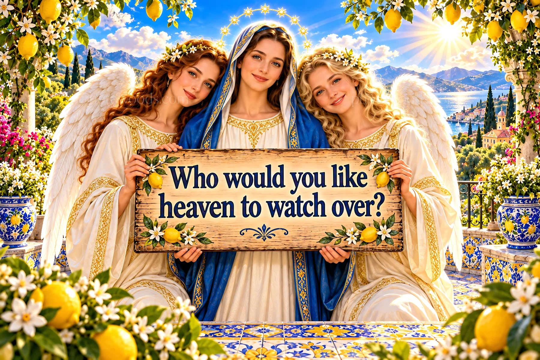 Jesus Christ surrounded by angels asking about heavenly watch - AI-generated stock image