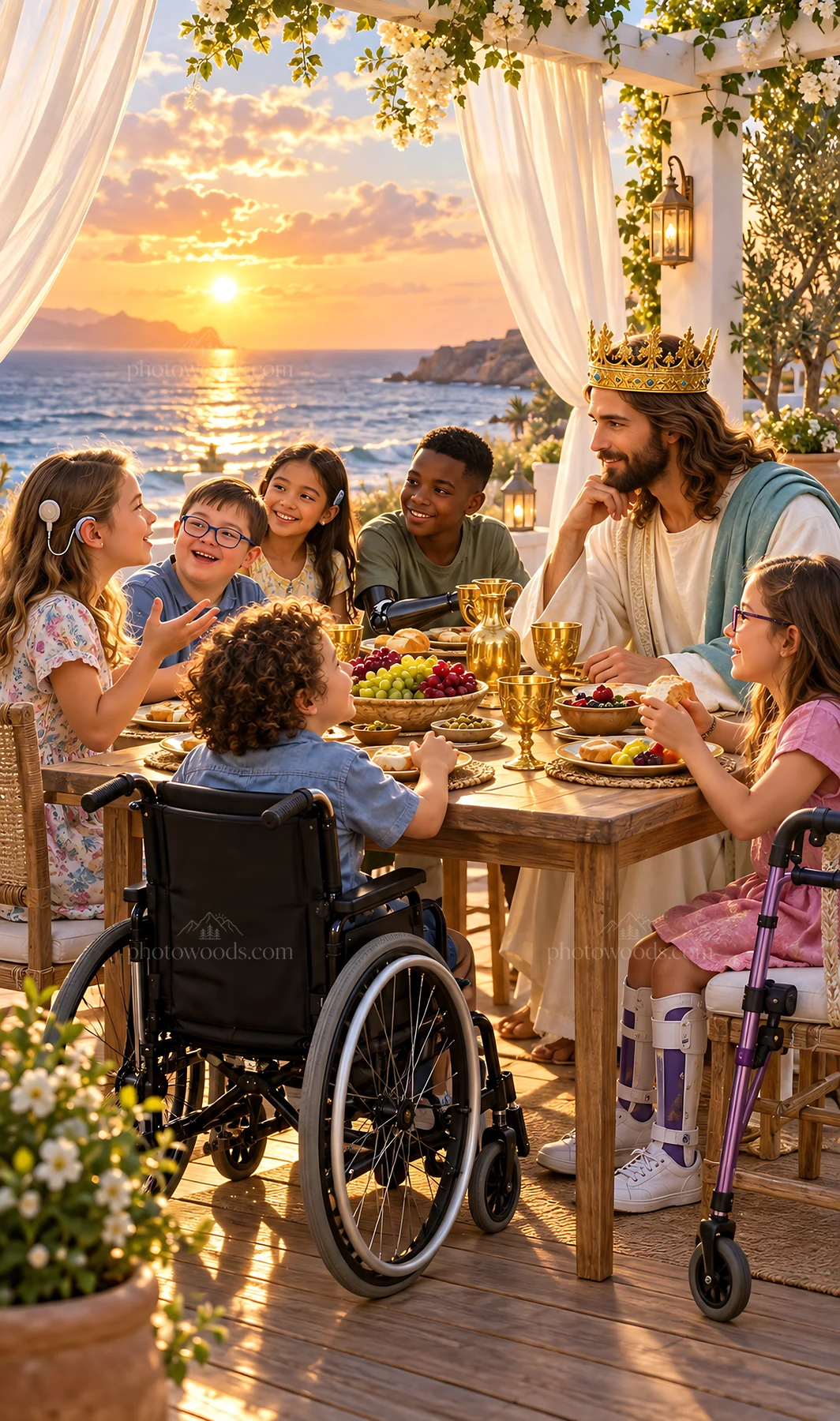 Jesus Christ shares a meal with children near the sea - AI-generated stock image
