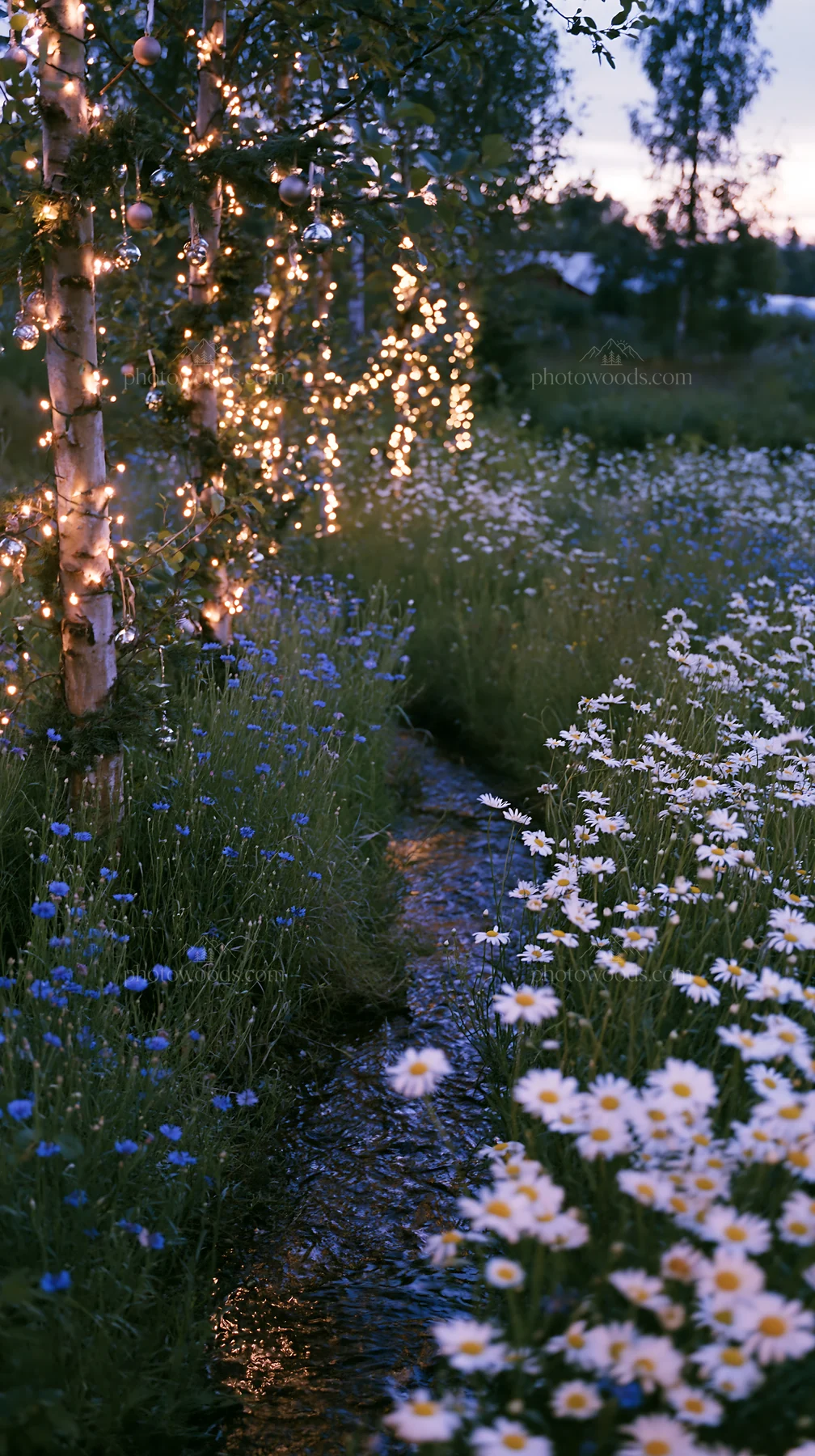 Christmas lights beside stream in meadow during dusk - AI-generated stock image