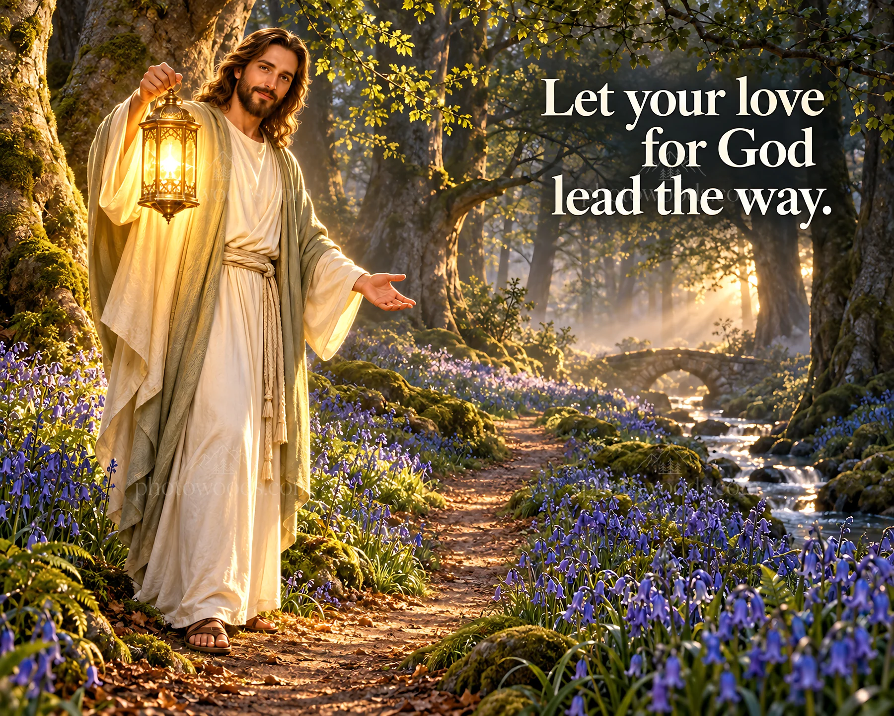 Jesus Christ walking in a forest with a lantern - AI-generated stock image