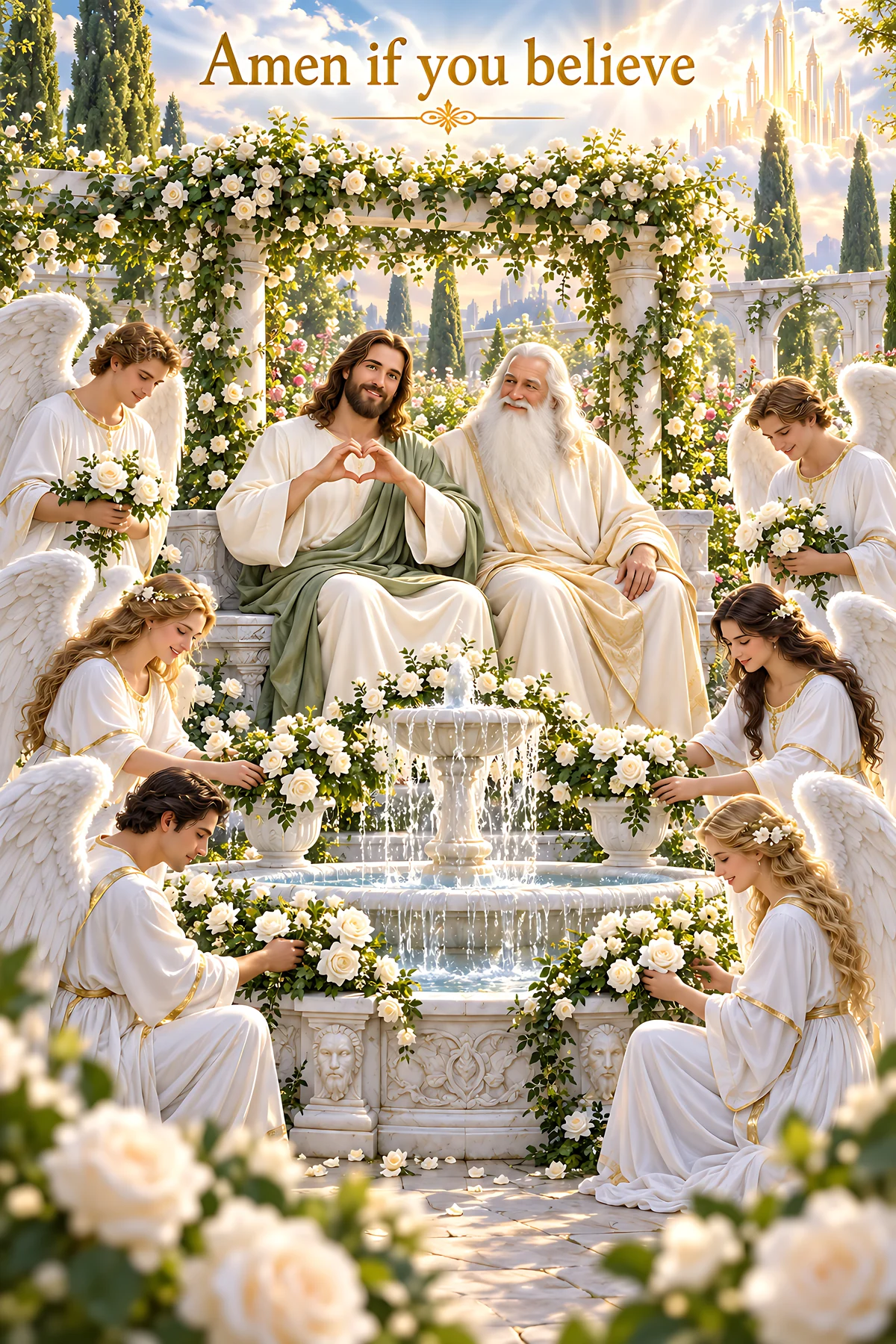 Garden of Welcome with figures seated by fountain - AI-generated stock image