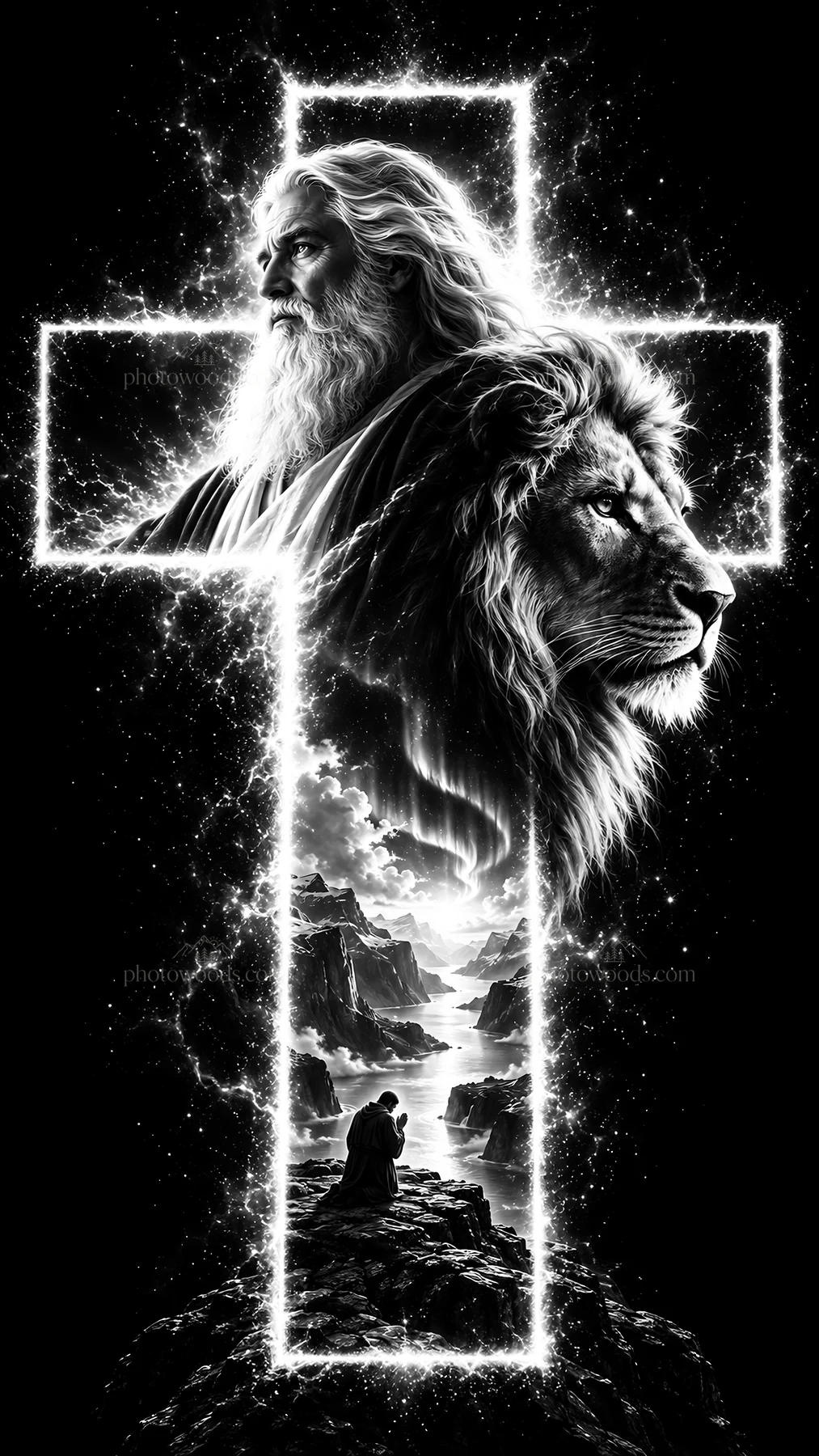 Jesus Christ in a cross with God and a lion in a landscape - AI-generated stock image