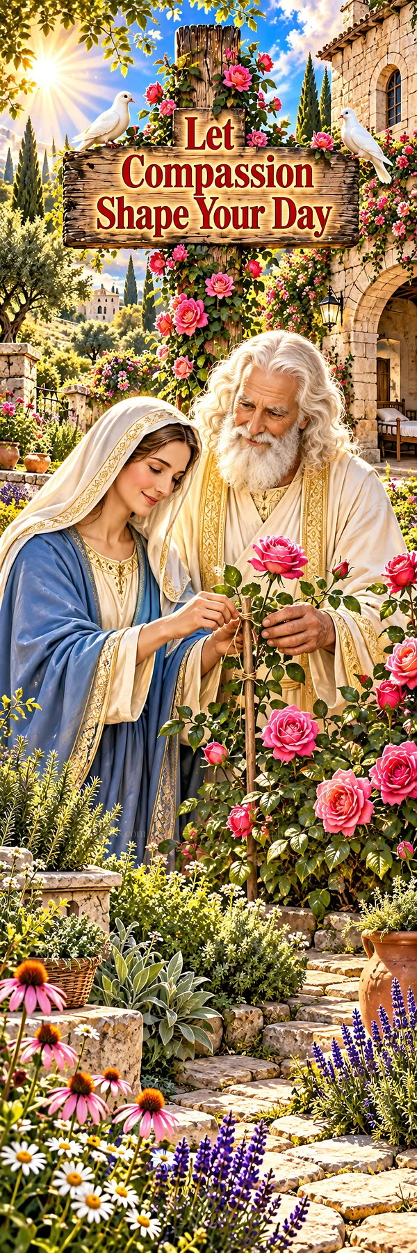Jesus Christ with a woman in a garden scene sharing compassion - AI-generated stock image