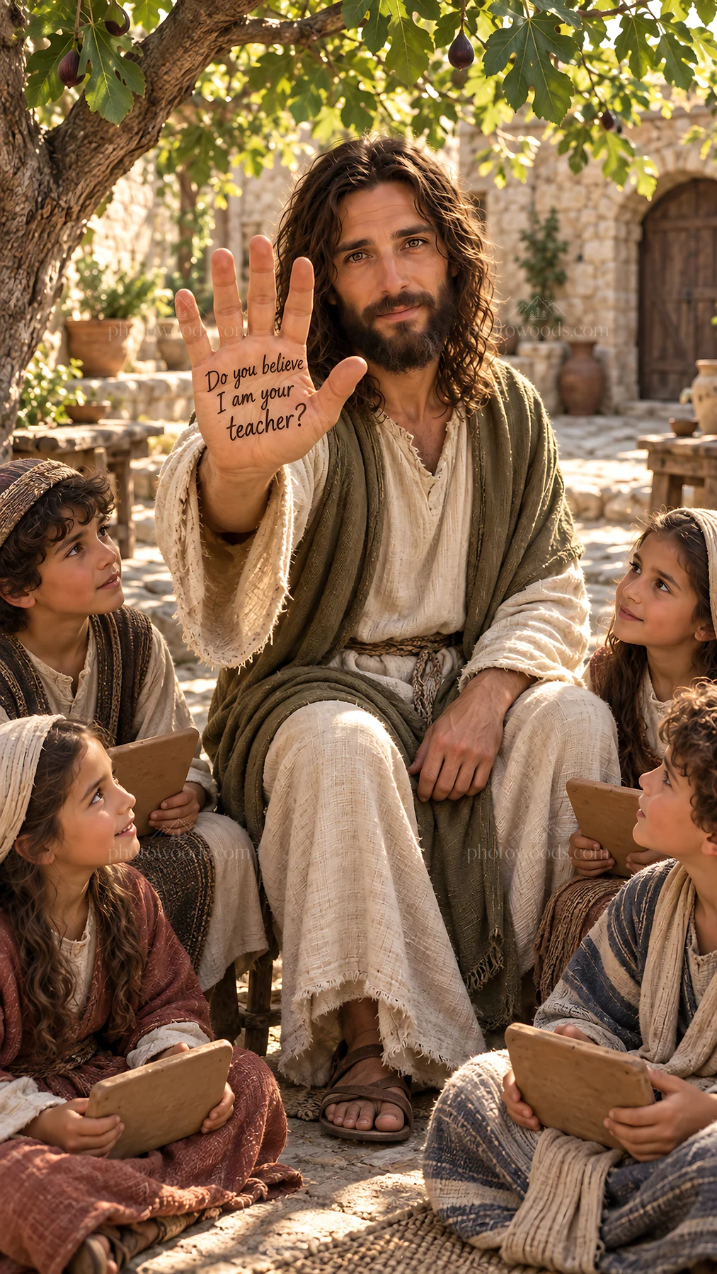 Jesus Christ teaching children during a gathering - AI-generated stock image