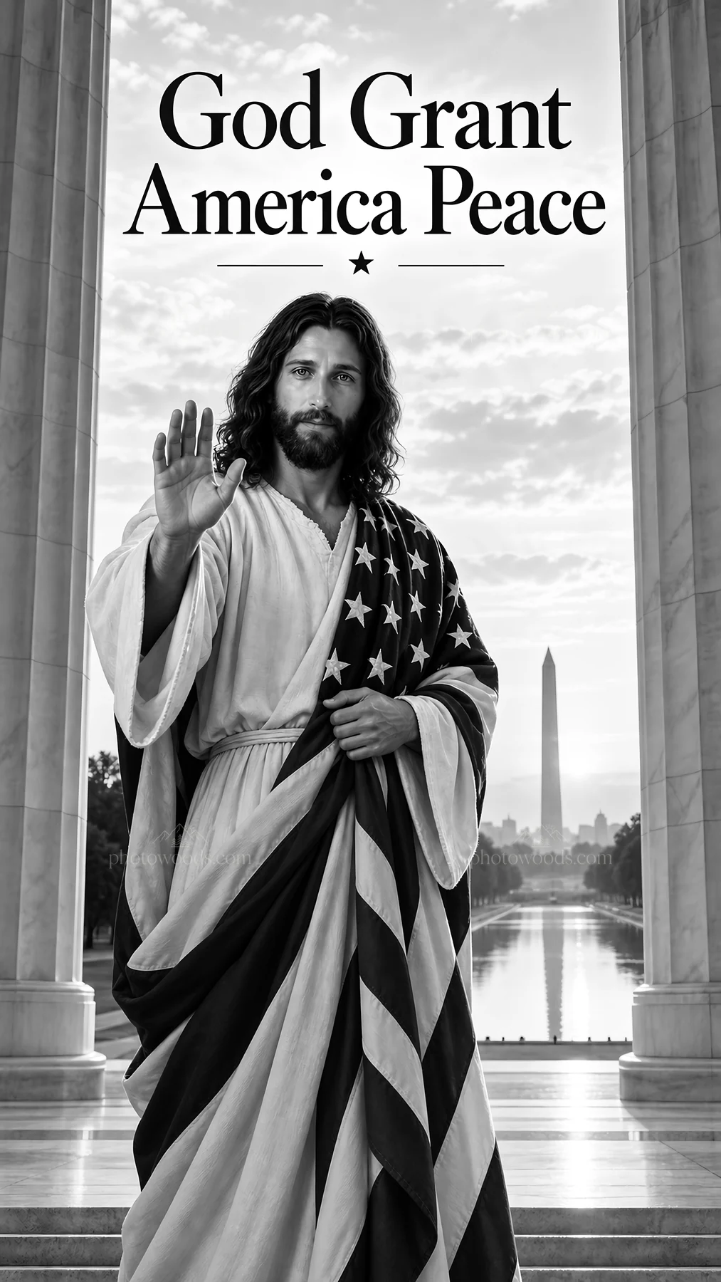 Jesus Christ holding an American flag in front of a monument - AI-generated stock image