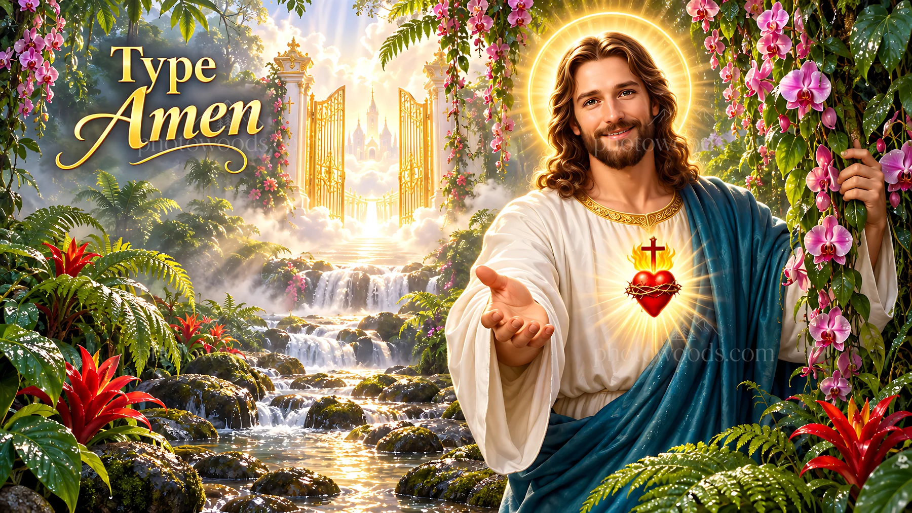 Orchid rainforest gate with religious figure - AI-generated stock image