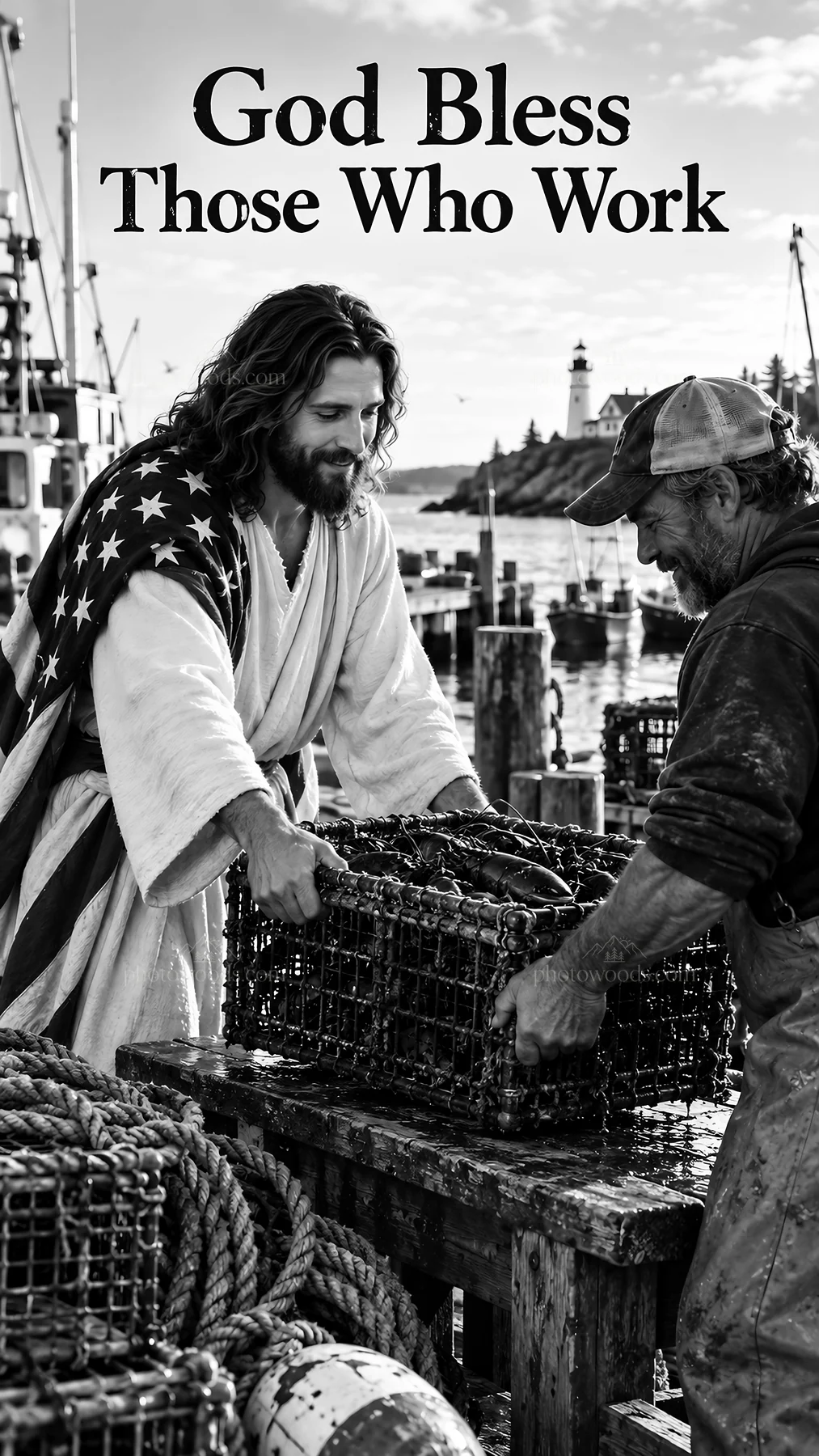 Jesus Christ helping a fisherman by the seaside - AI-generated stock image