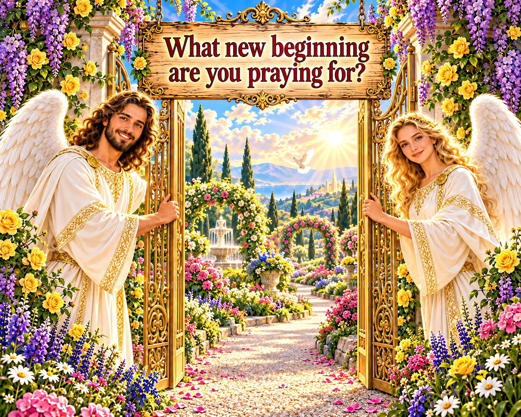 Jesus Christ welcoming with open gates in a garden scene - AI-generated stock image
