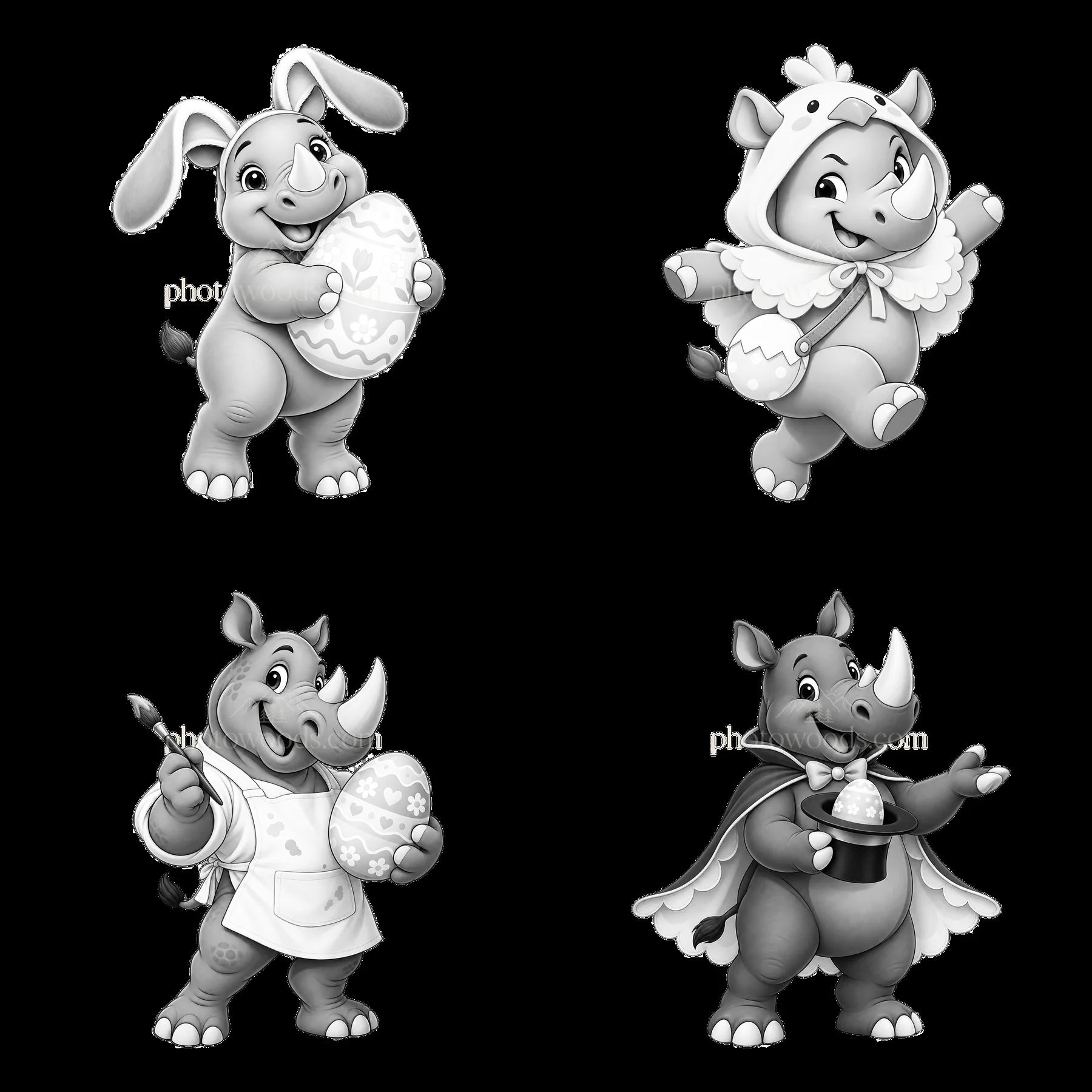 Easter rhinoceros characters in playful cartoon style - AI-generated stock image