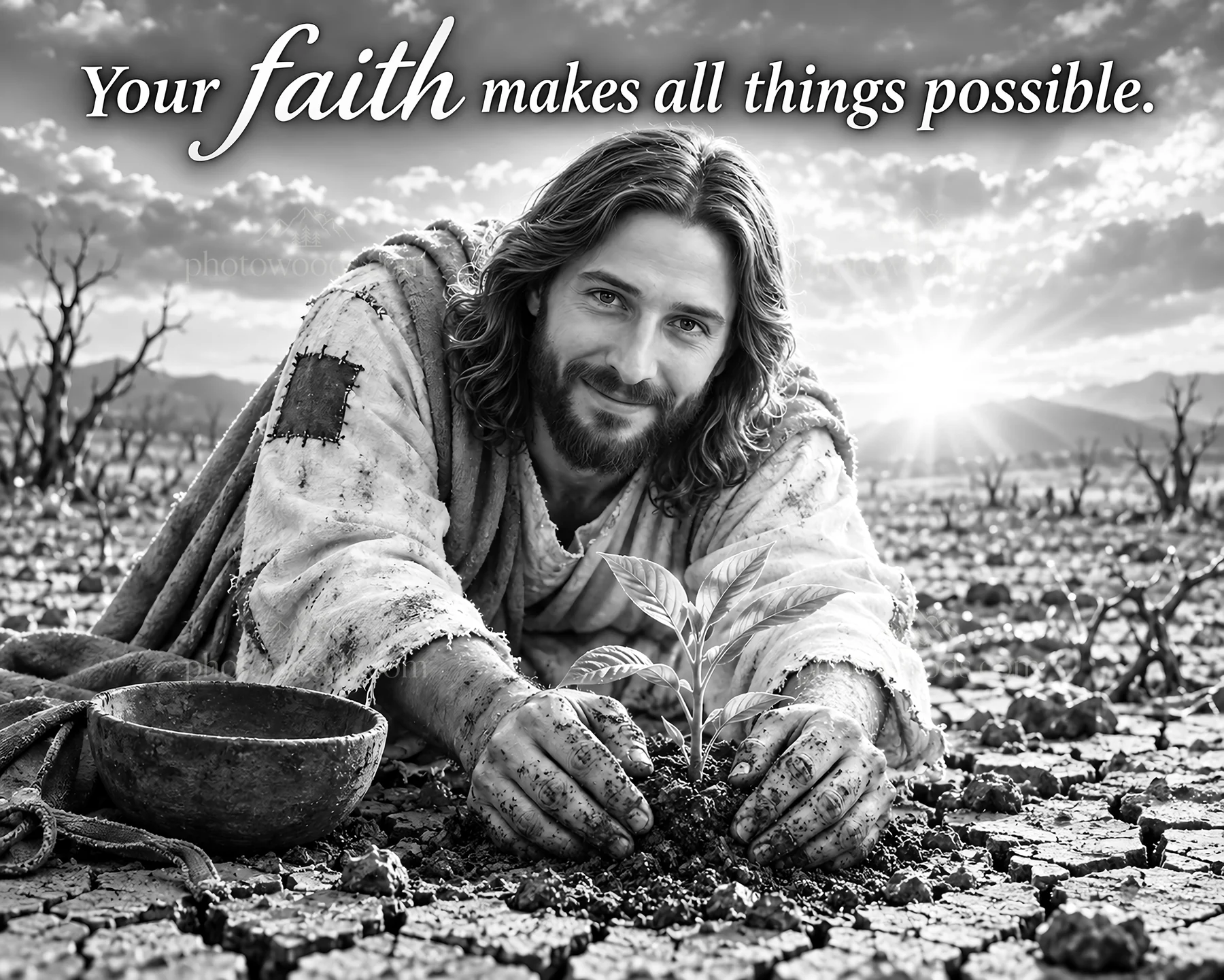 Jesus Christ nurturing a plant in a barren landscape - AI-generated stock image