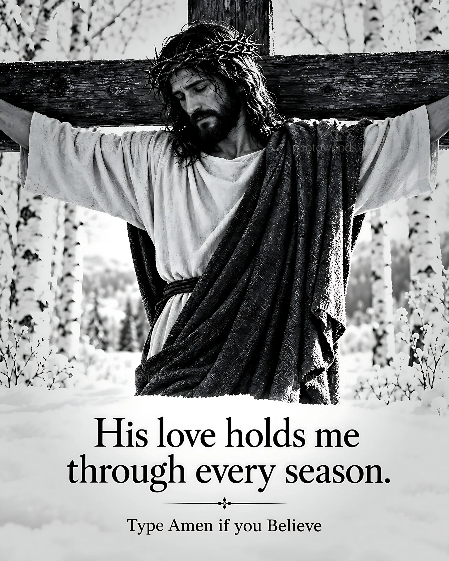 Grace in the winter season with a figure on a wooden cross - AI-generated stock image