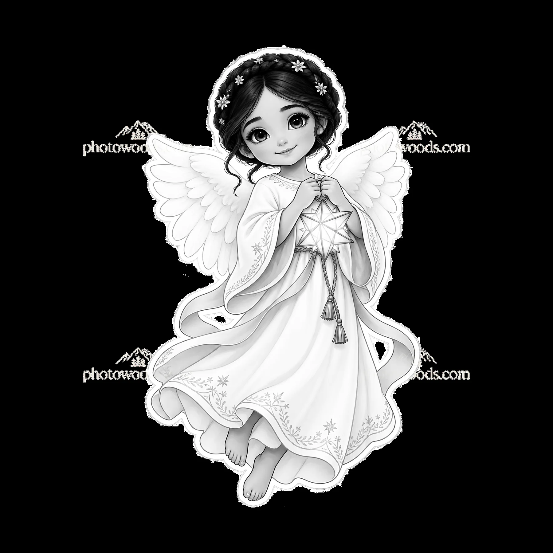 Christ Child holds a gift with wings in black and white illustration - AI-generated stock image