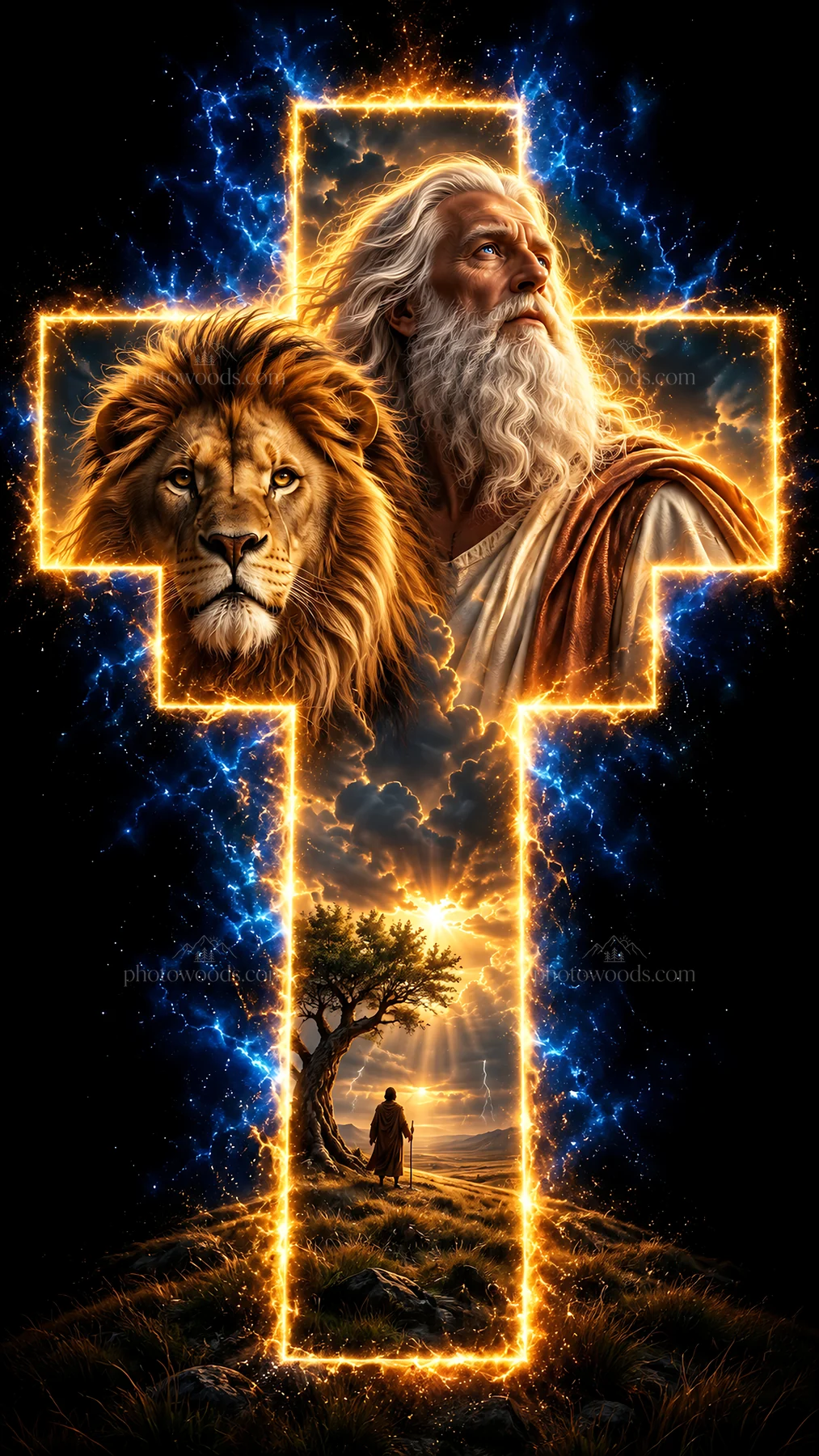 Jesus Christ surrounded by a lion and a glowing cross - AI-generated stock image