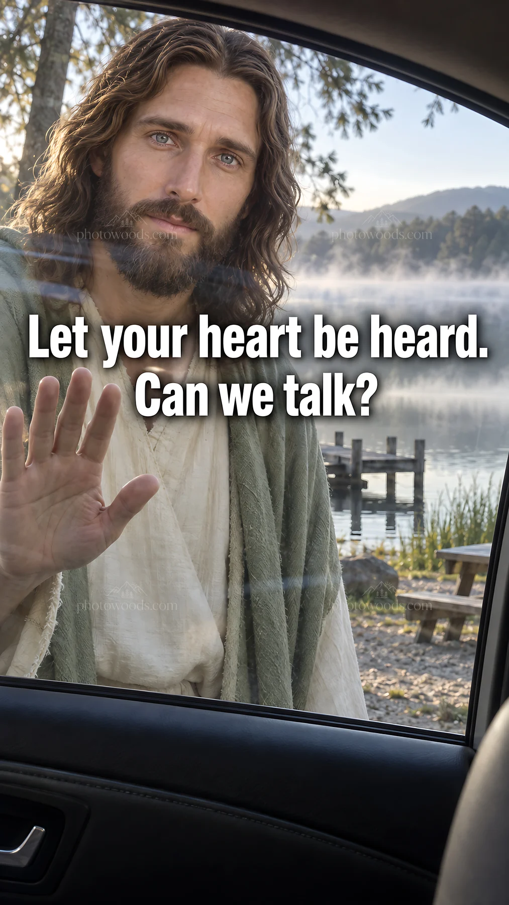 Jesus Christ inviting communication by a lakeside - AI-generated stock image