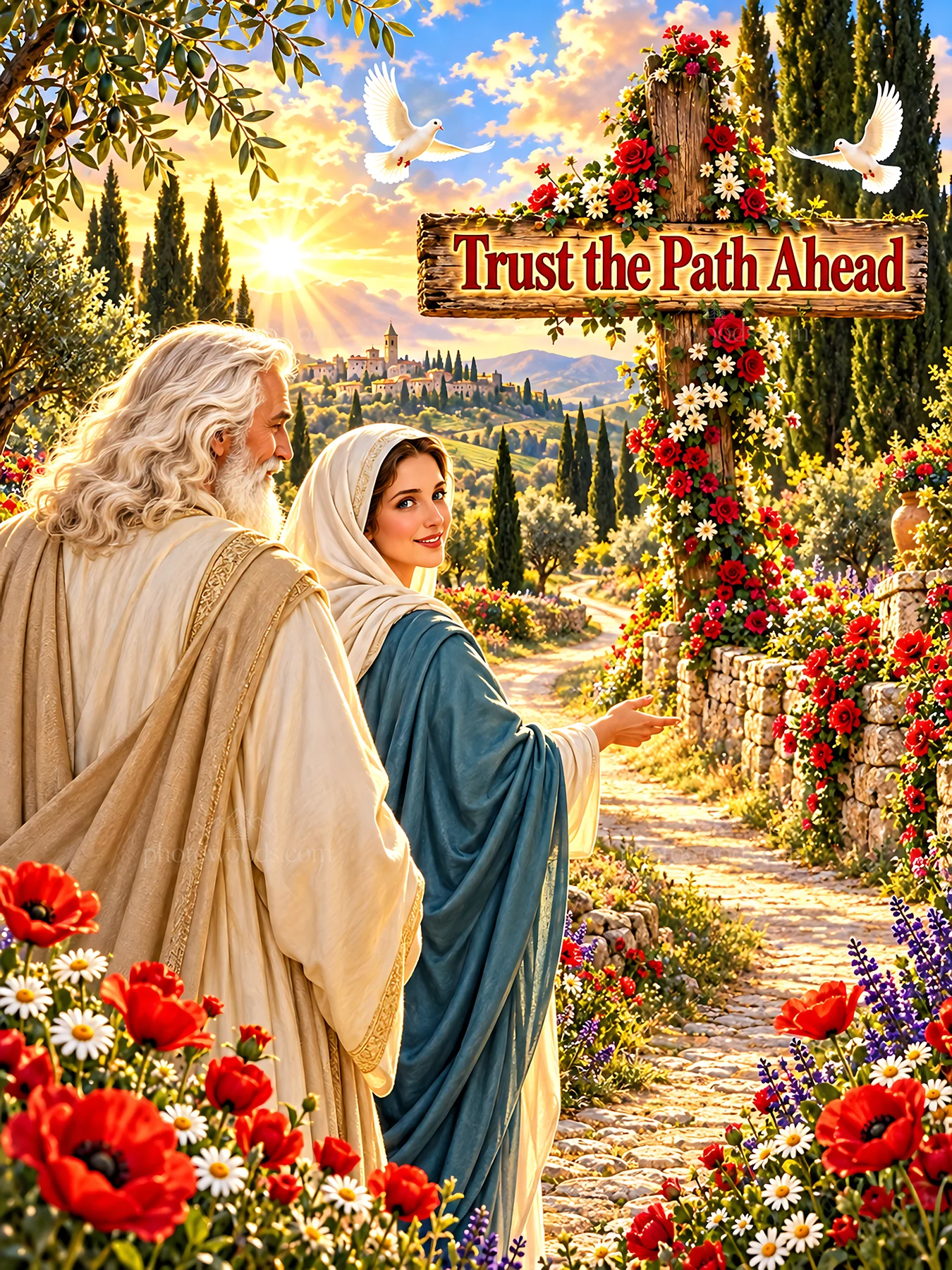 Jesus Christ walking with a woman along a garden path - AI-generated stock image