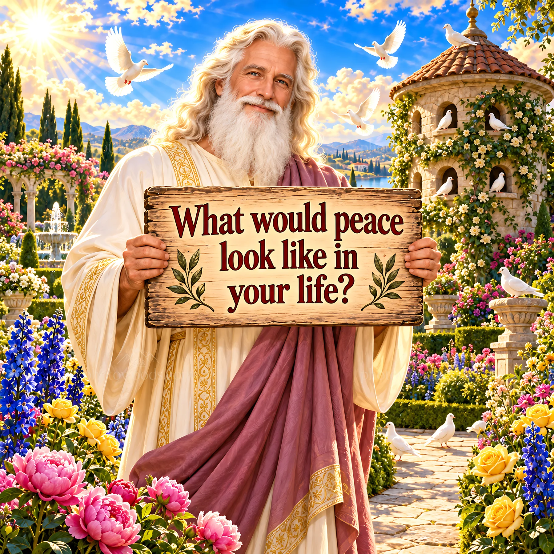 Jesus Christ holding a sign asking about peace in life - AI-generated stock image