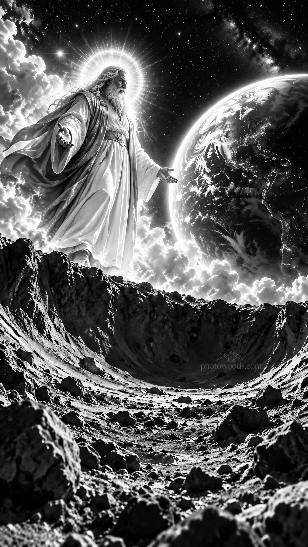 Jesus Christ welcoming in a cosmic scene - AI-generated stock image