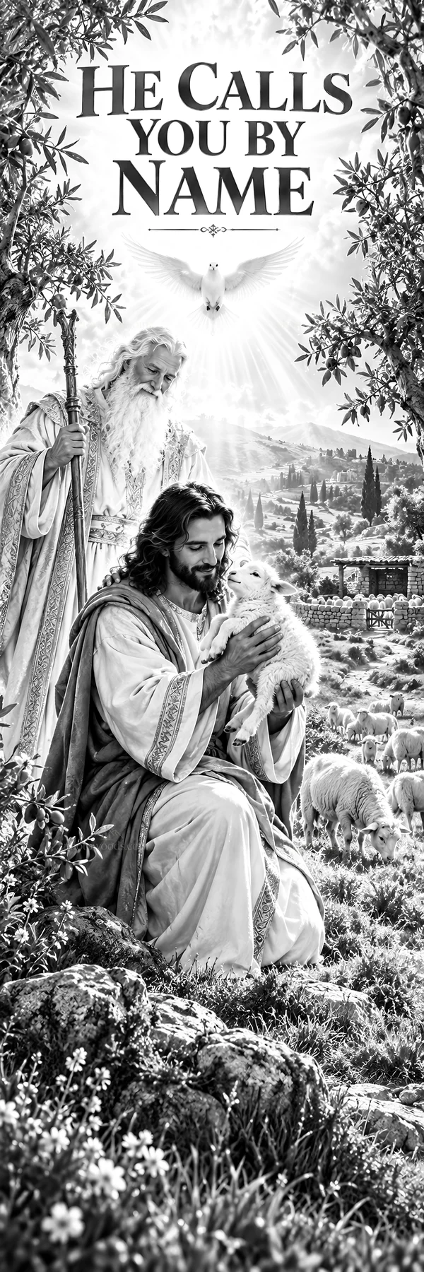 Jesus Christ welcoming the lost sheep and comforting the faithful - AI-generated stock image