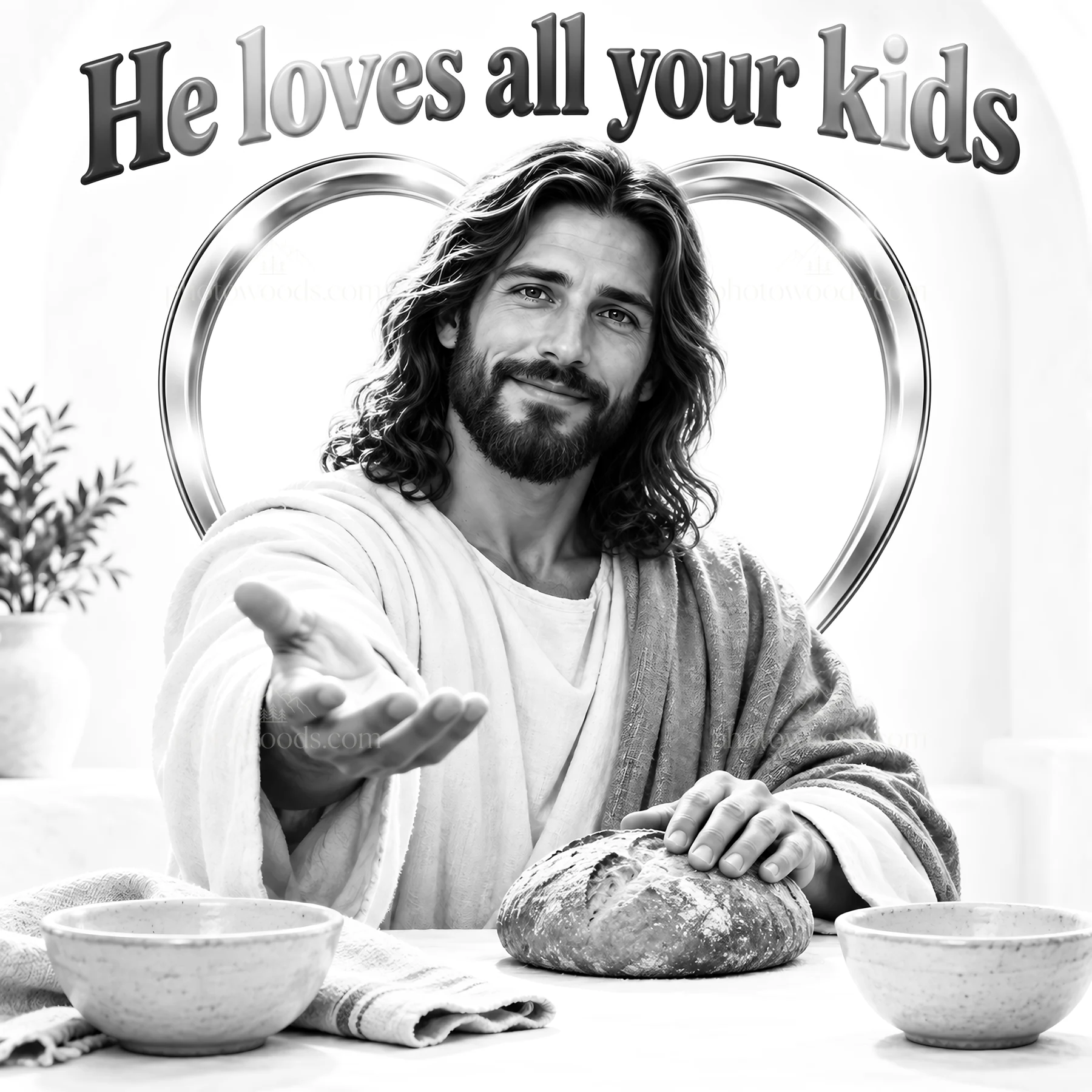 Jesus Christ welcoming with love and sharing bread - AI-generated stock image