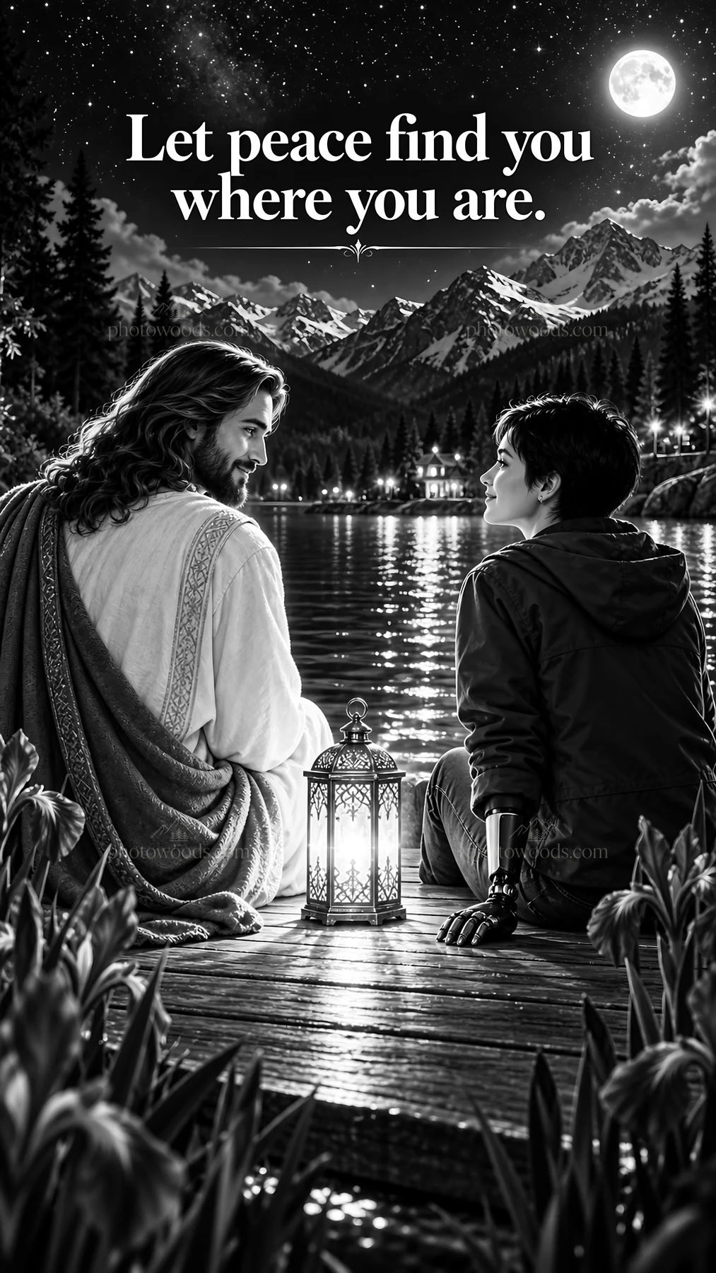 Jesus Christ comforting a person by the lakeside - AI-generated stock image