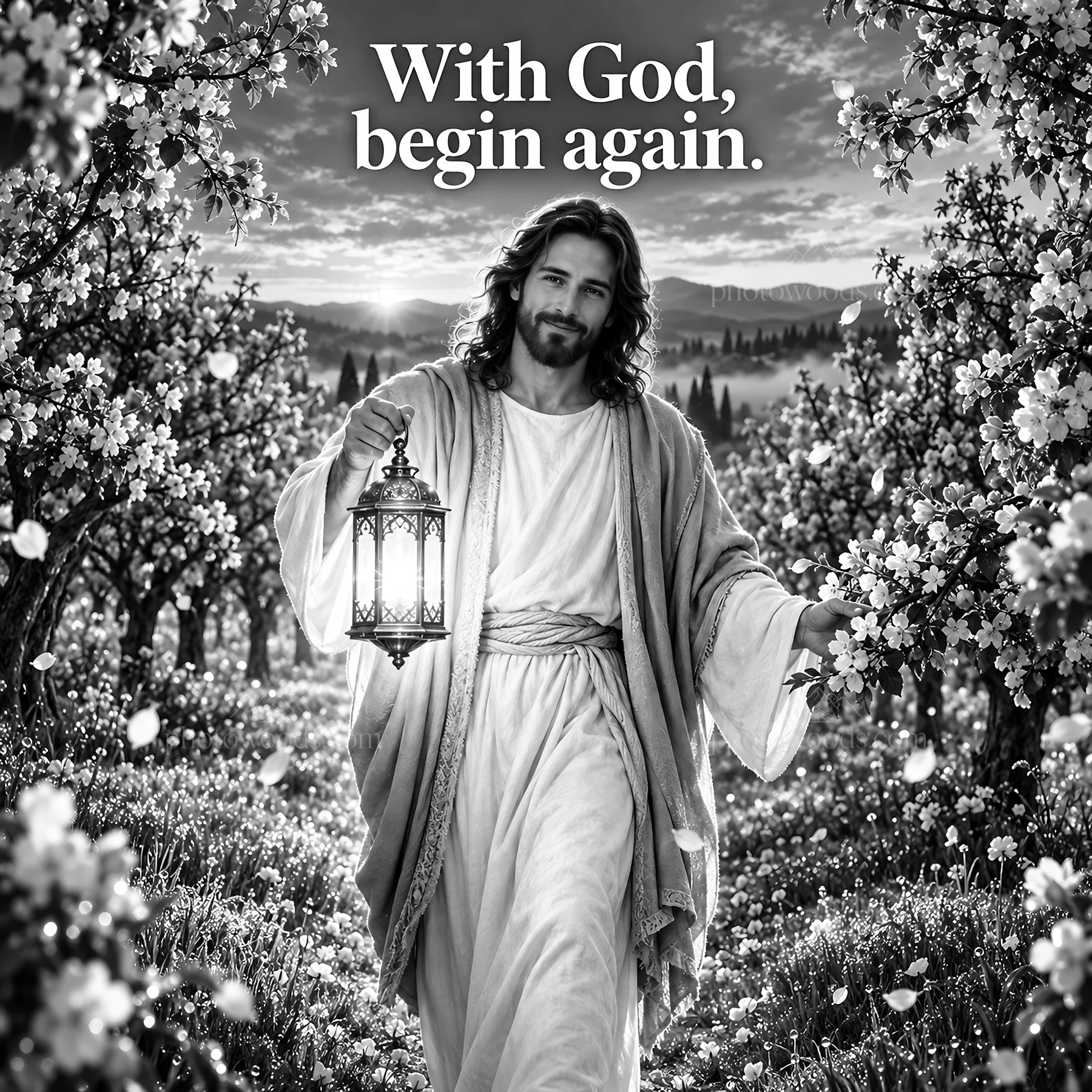Jesus Christ walking in a blossoming garden holding a lantern - AI-generated stock image