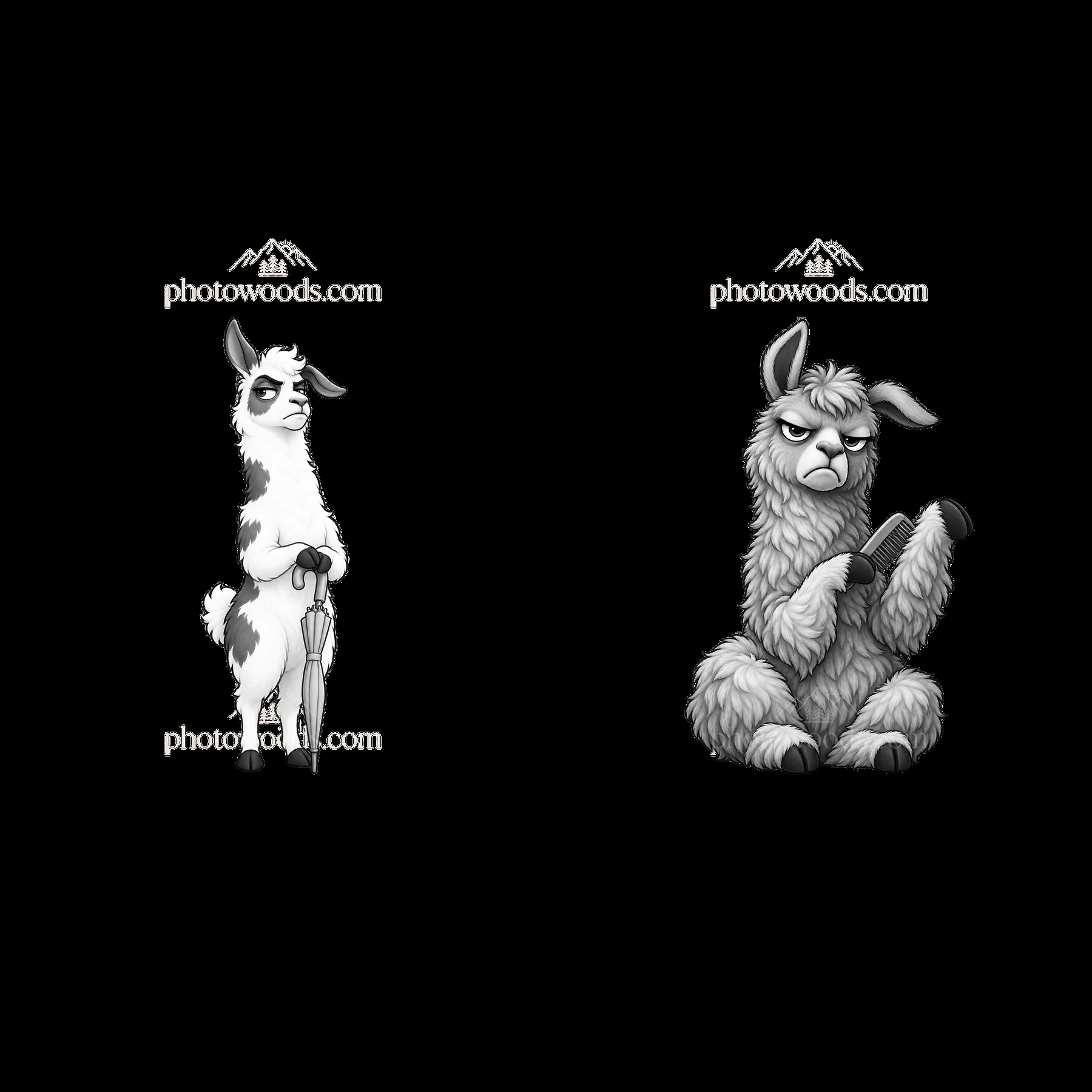 Grumpy cartoon llamas with accessories in monochrome style - AI-generated stock image