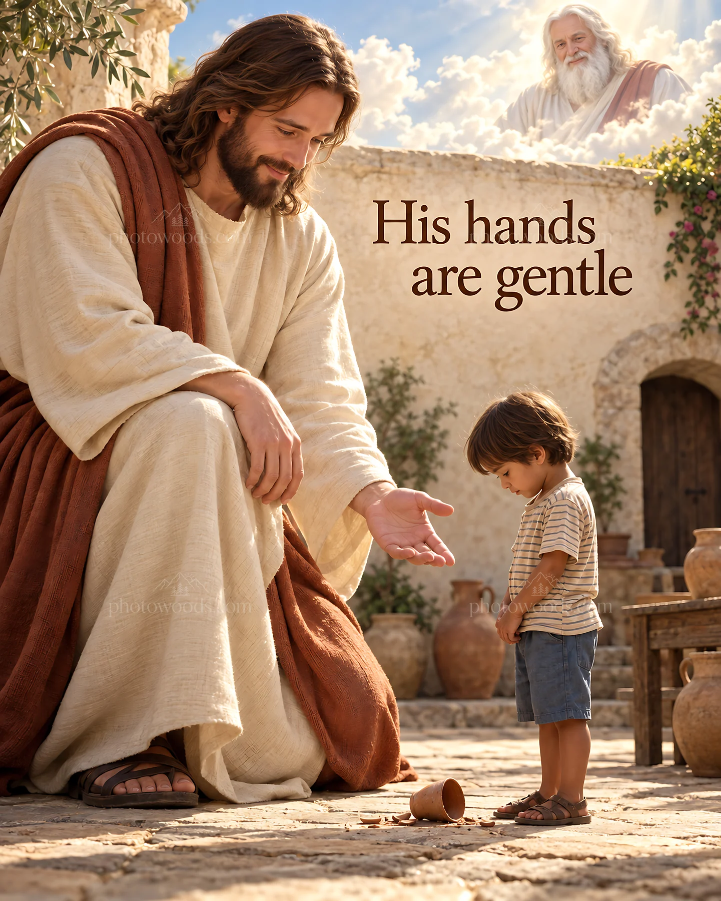 Jesus Christ comforting a child with gentle hands - AI-generated stock image