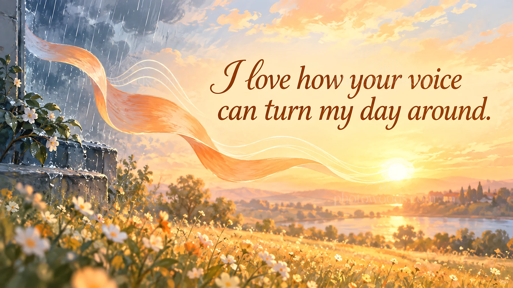Romantic Love Greeting Over a Golden Landscape - AI-generated stock image
