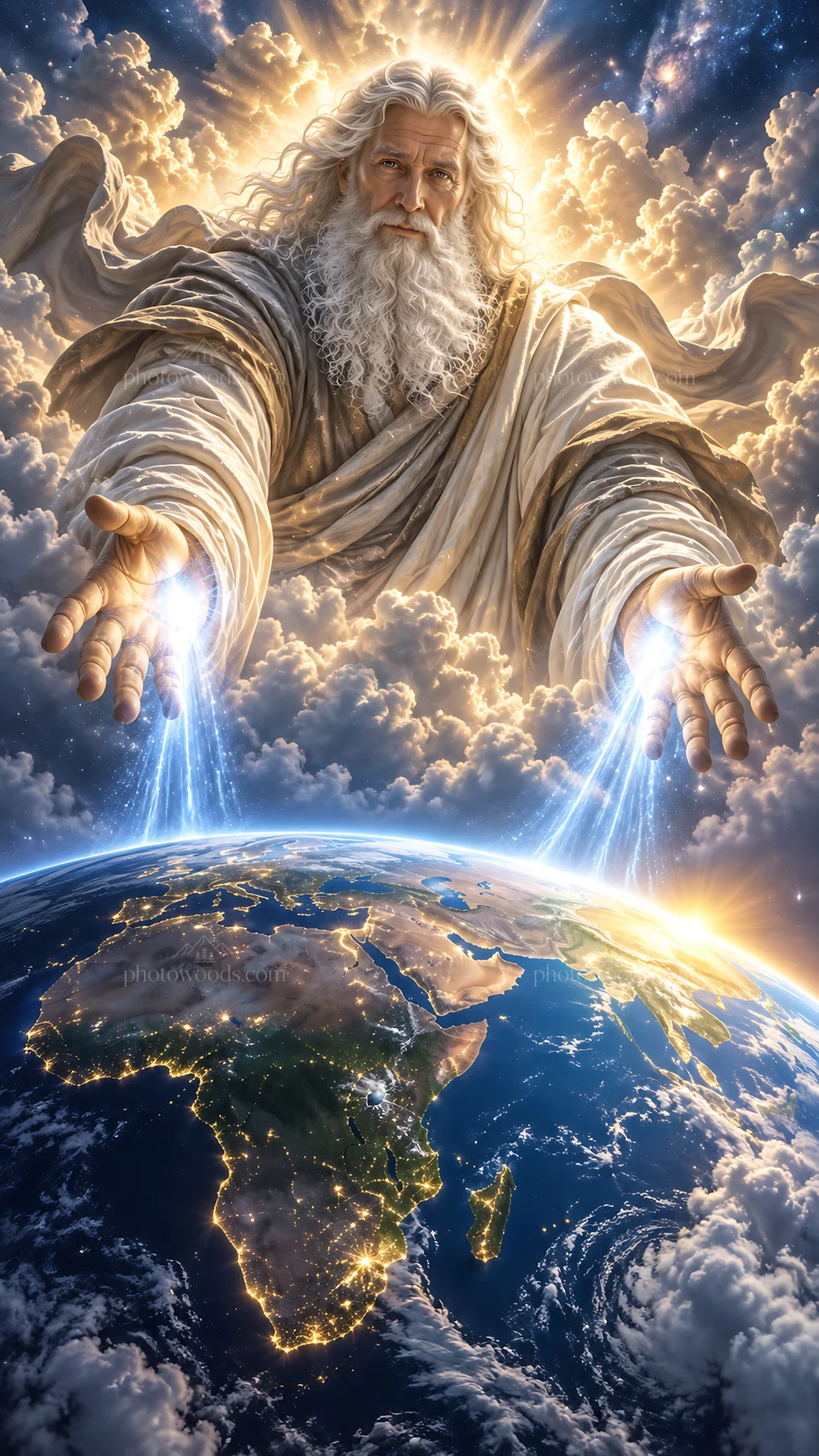 Jesus Christ reaching out to the world from above - AI-generated stock image