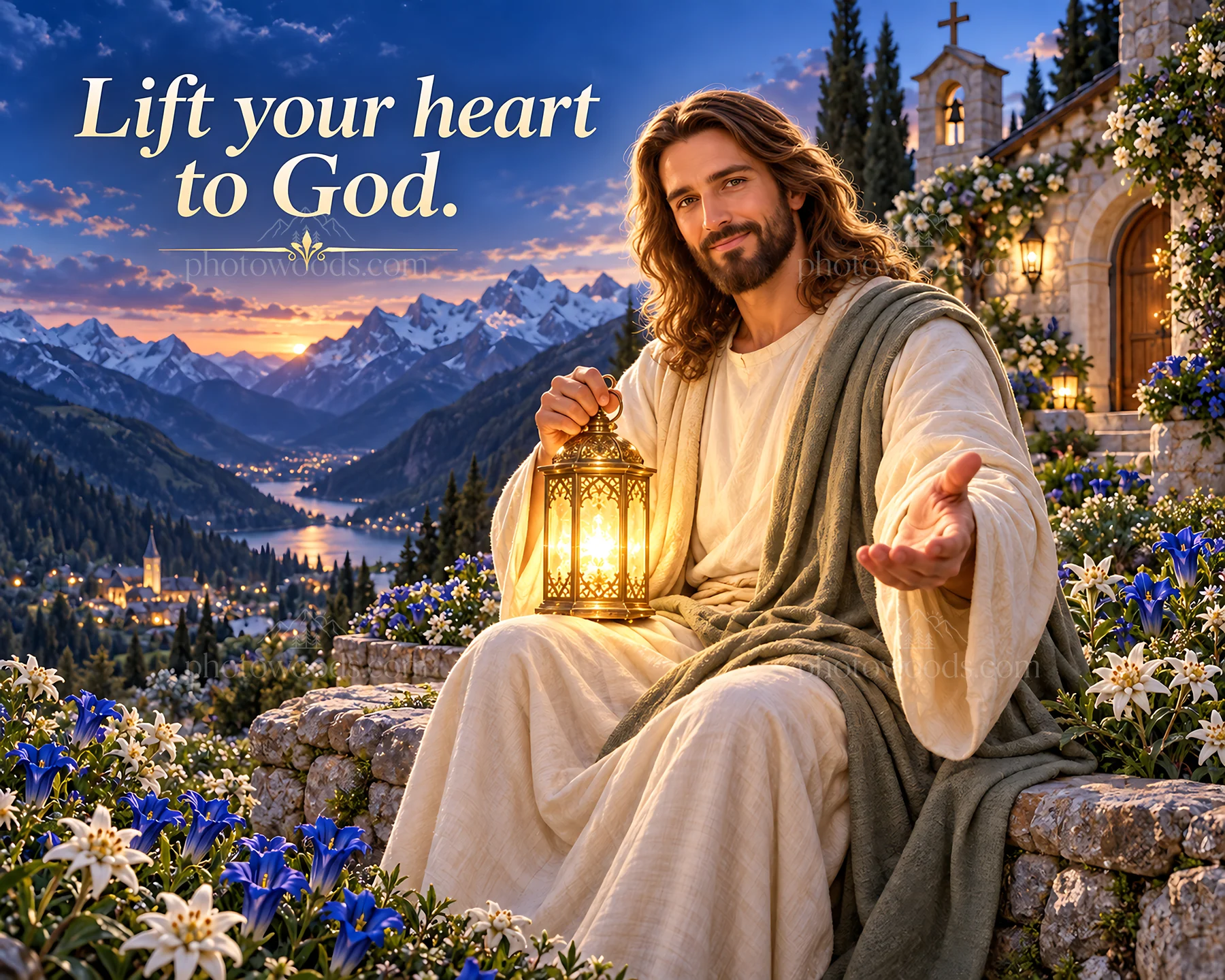 Jesus Christ inviting to lift your heart to God - AI-generated stock image