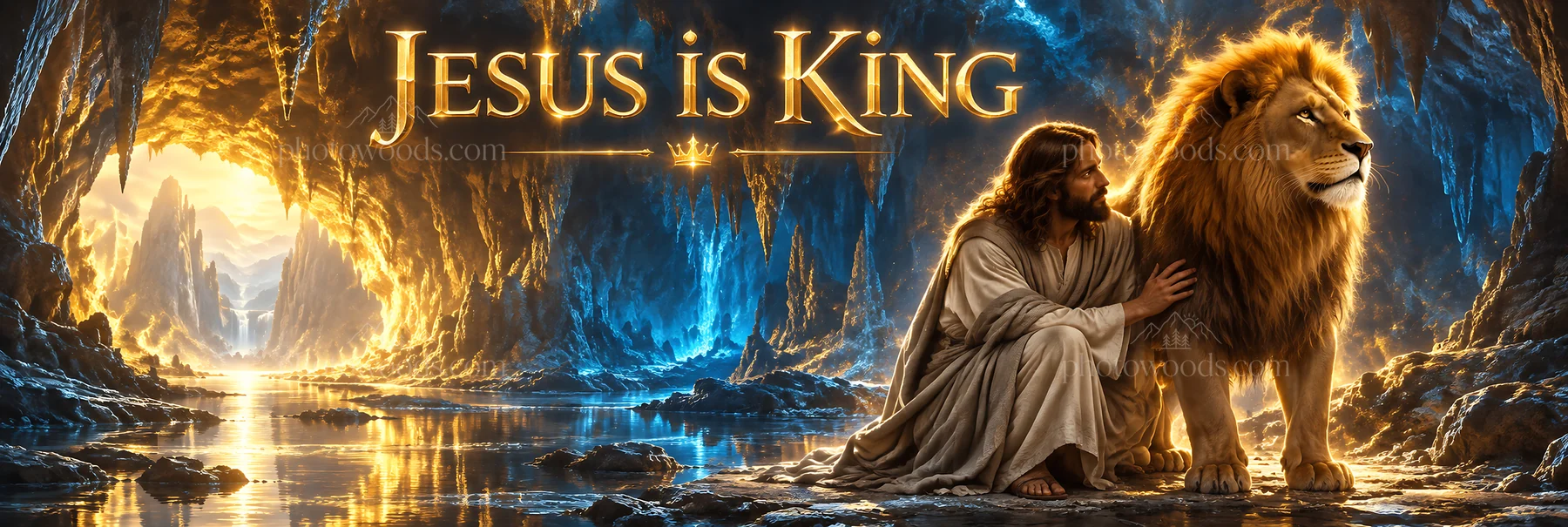 Jesus Christ with lion in a cave setting - AI-generated stock image