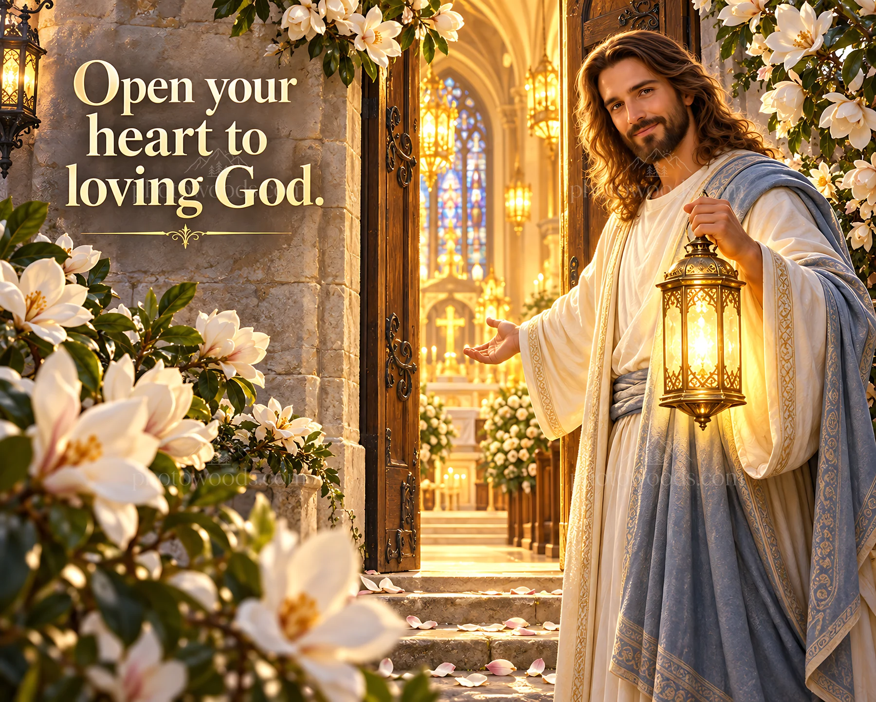 Jesus Christ welcoming with a lantern in a church - AI-generated stock image