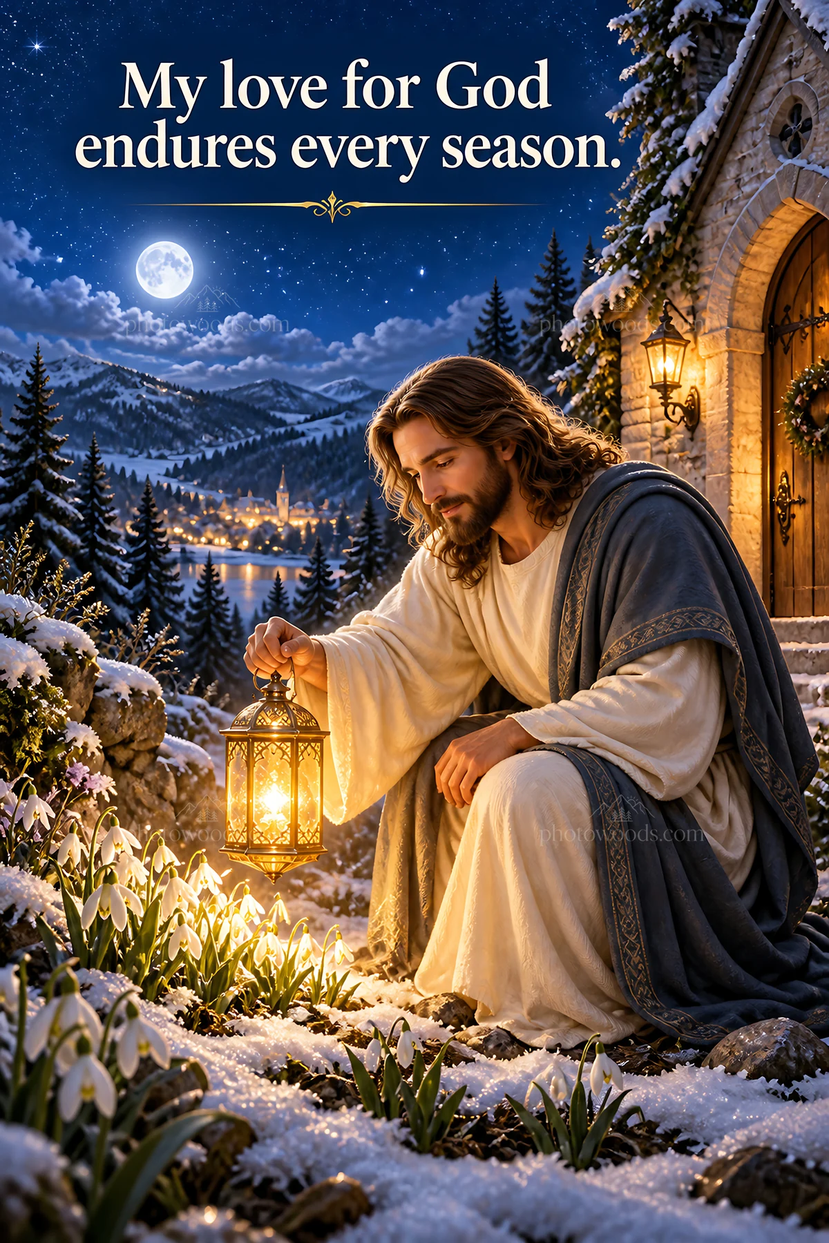 Jesus Christ caring for flowers in winter - AI-generated stock image