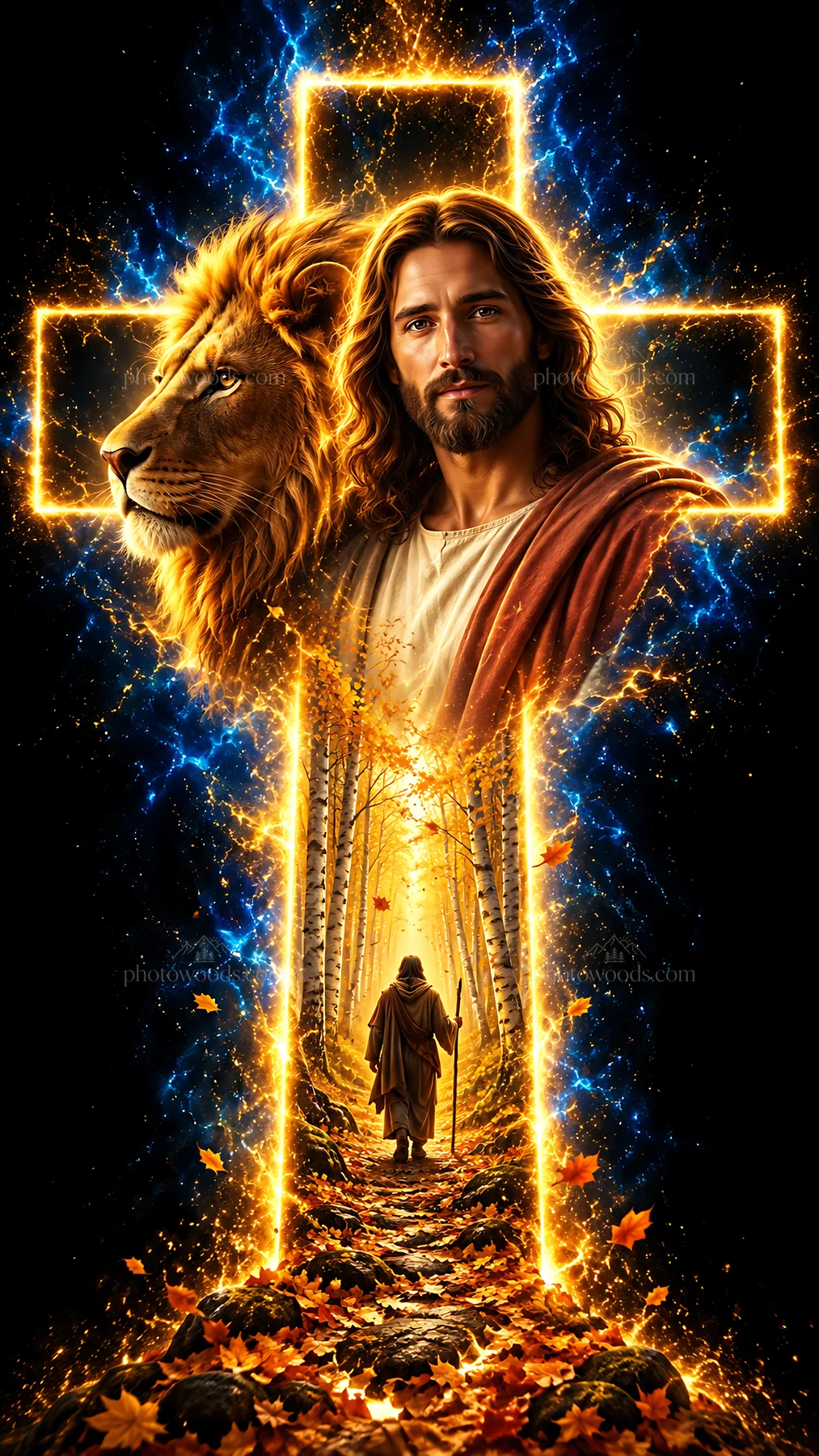 Jesus Christ welcoming a traveler through a glowing forest path - AI-generated stock image