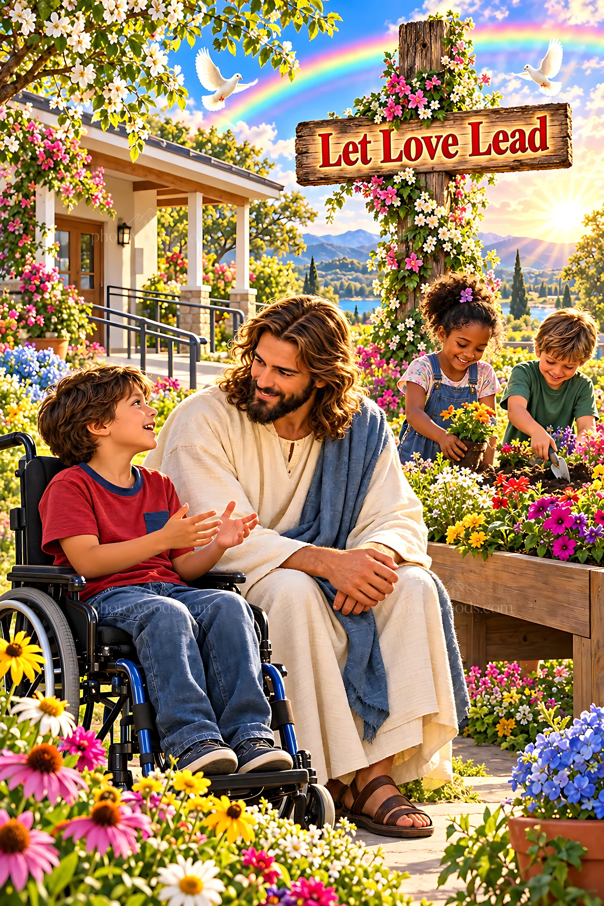 Care in the Healing Garden with children and a guiding figure - AI-generated stock image
