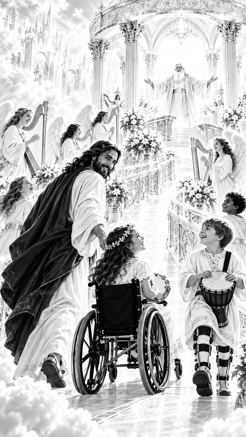 Jesus Christ welcoming children in heaven - AI-generated stock image